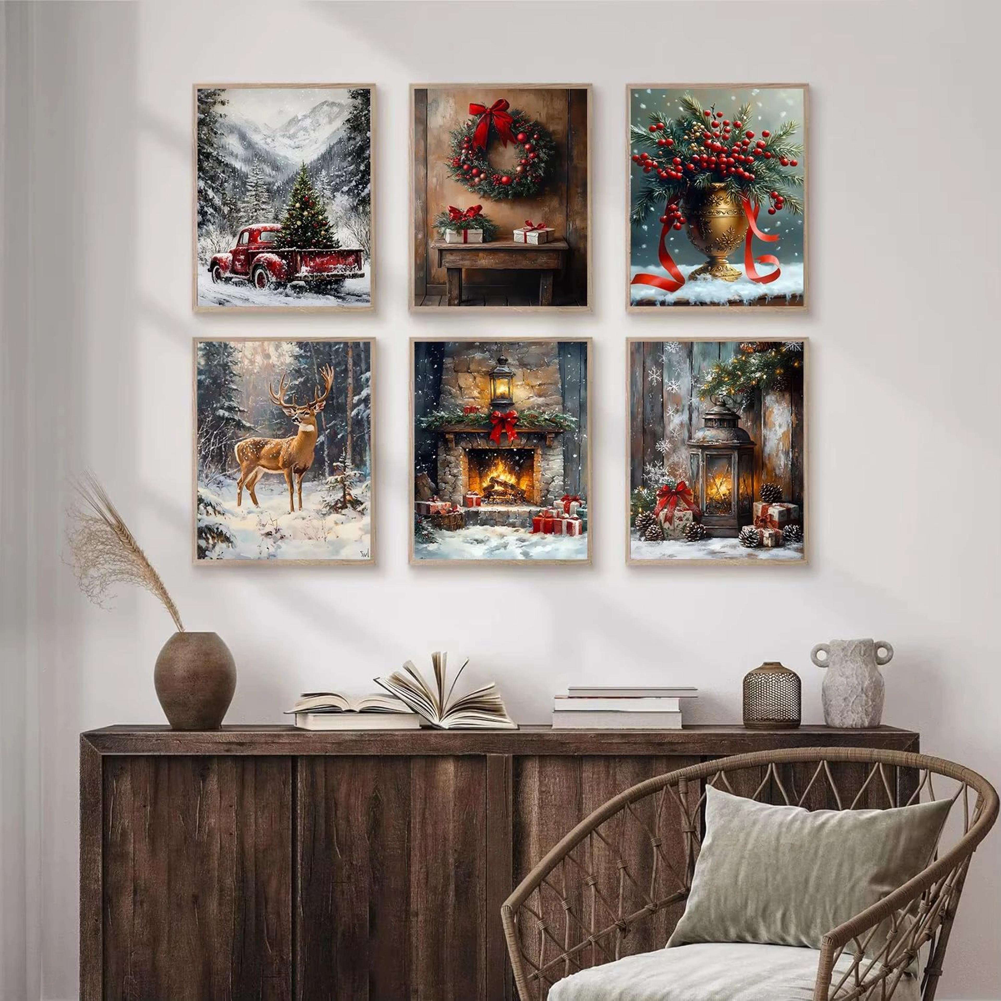 vintage red truck christmas canvas wall art – nordic winter snow scene reindeer holiday decor