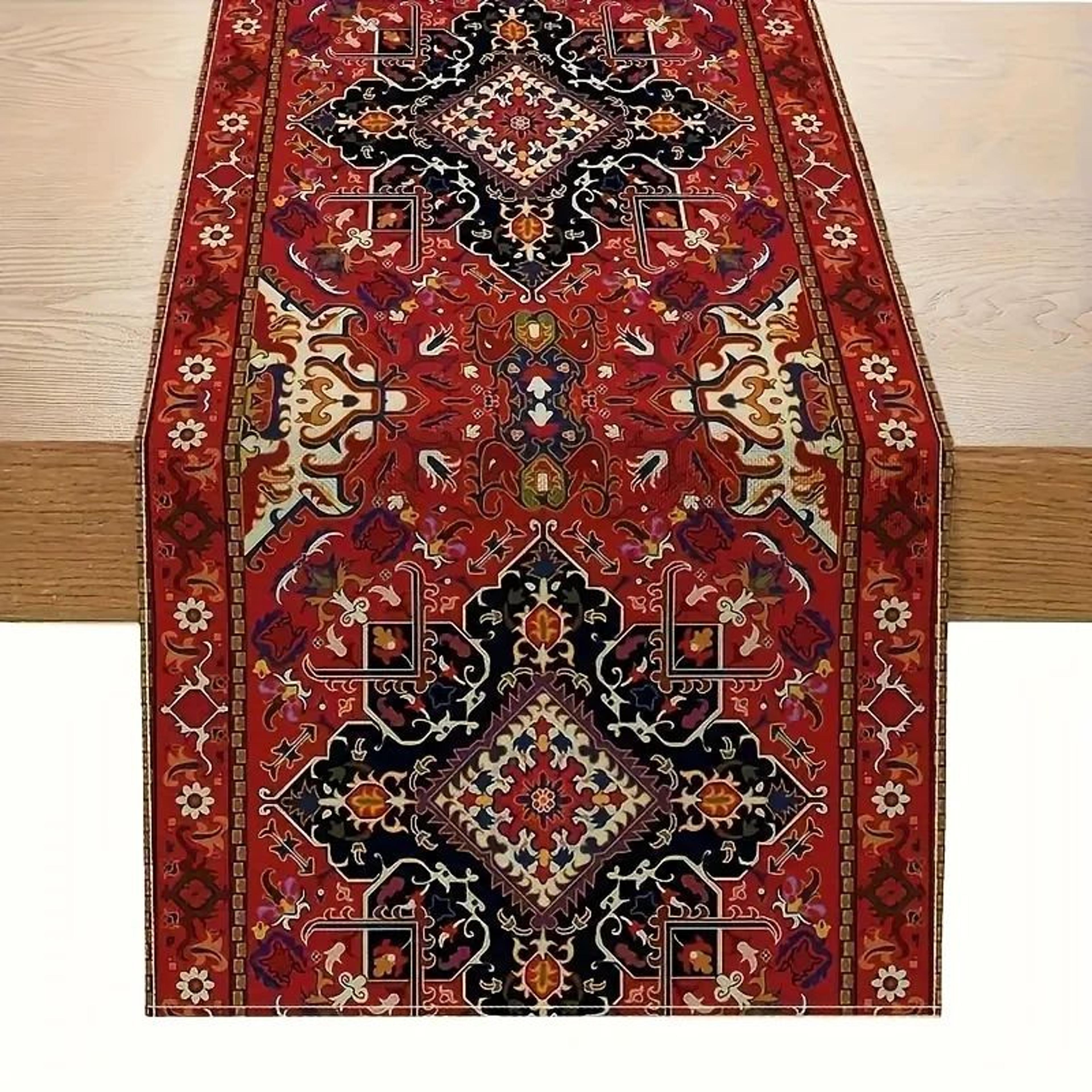 bohemian persian stripe linen table runner for dining table – red vintage farmhouse wedding decor