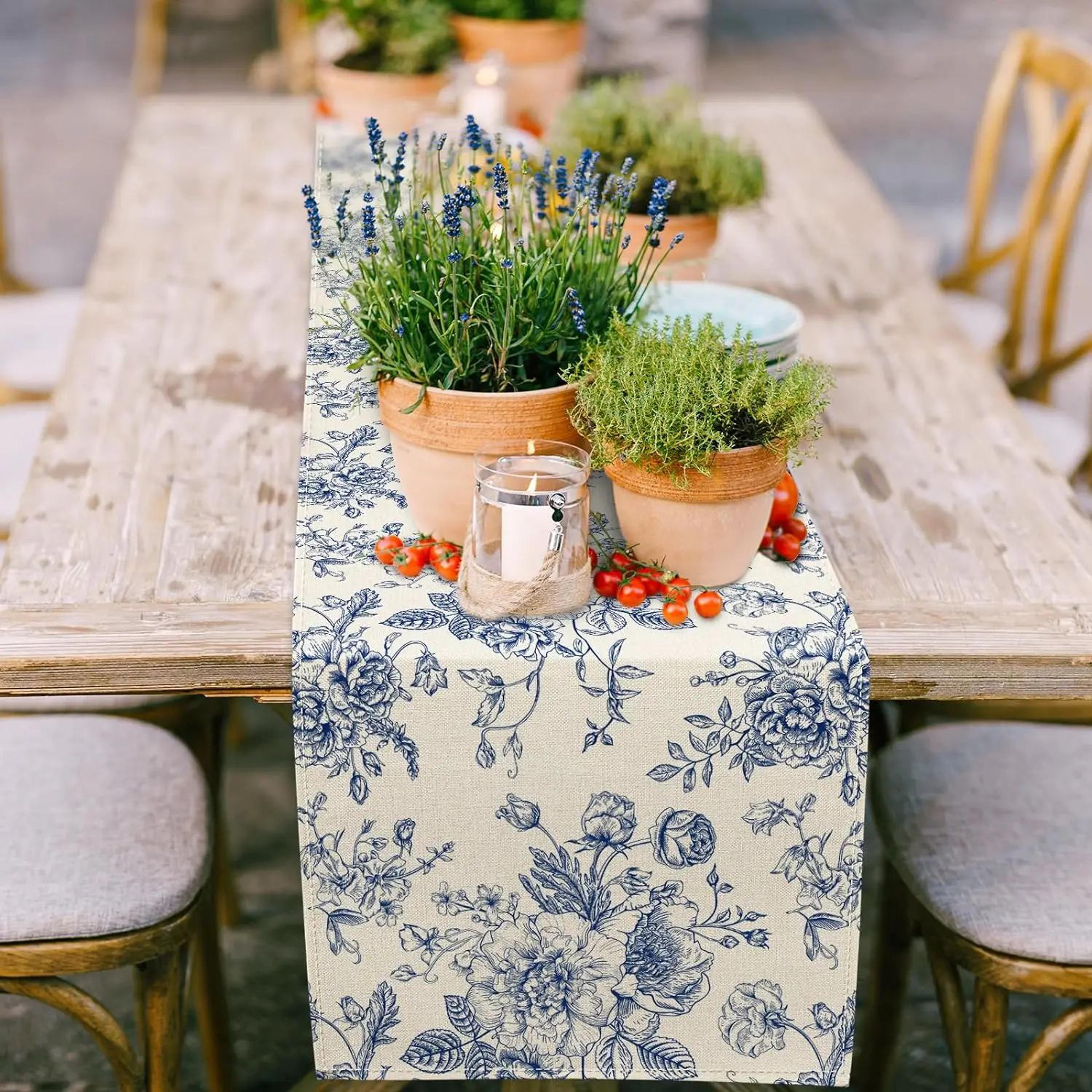 chinoiserie blue floral linen table runner for dining table – elegant vintage farmhouse decor