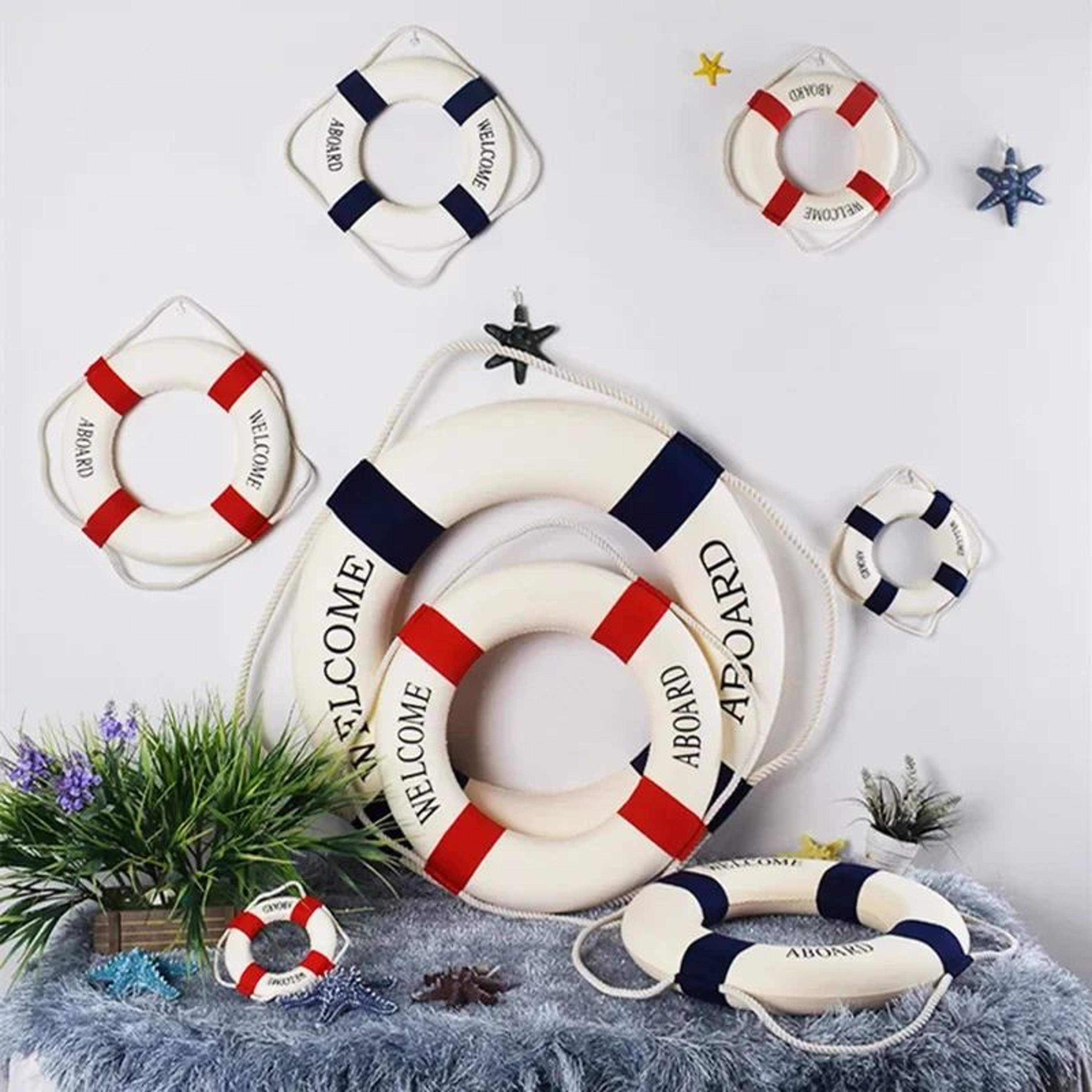 nautical life buoy wall decor – red blue coastal beach welcome hanging ornament