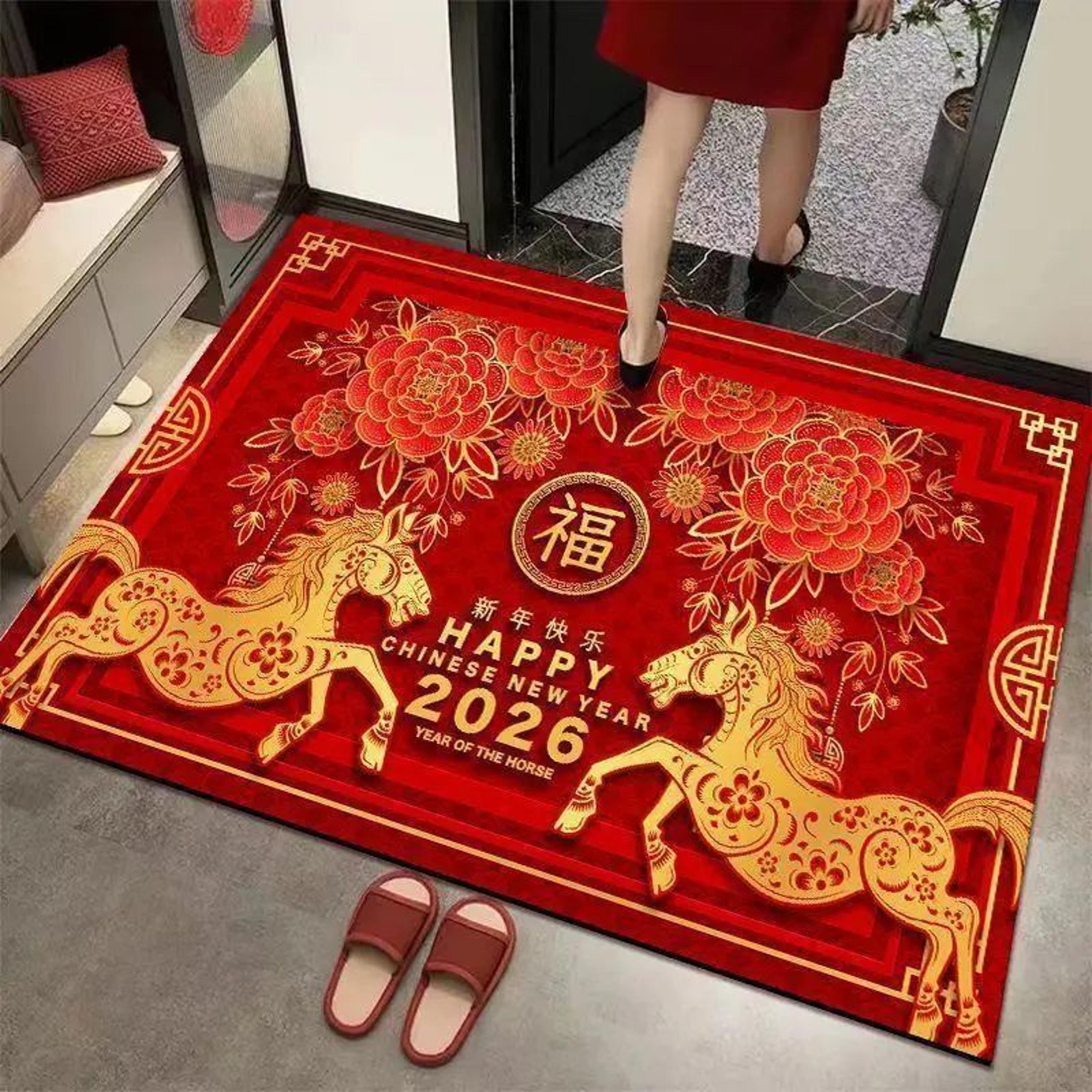 chinese new year horse carpet rug – red gold lucky running horse floor mat decor