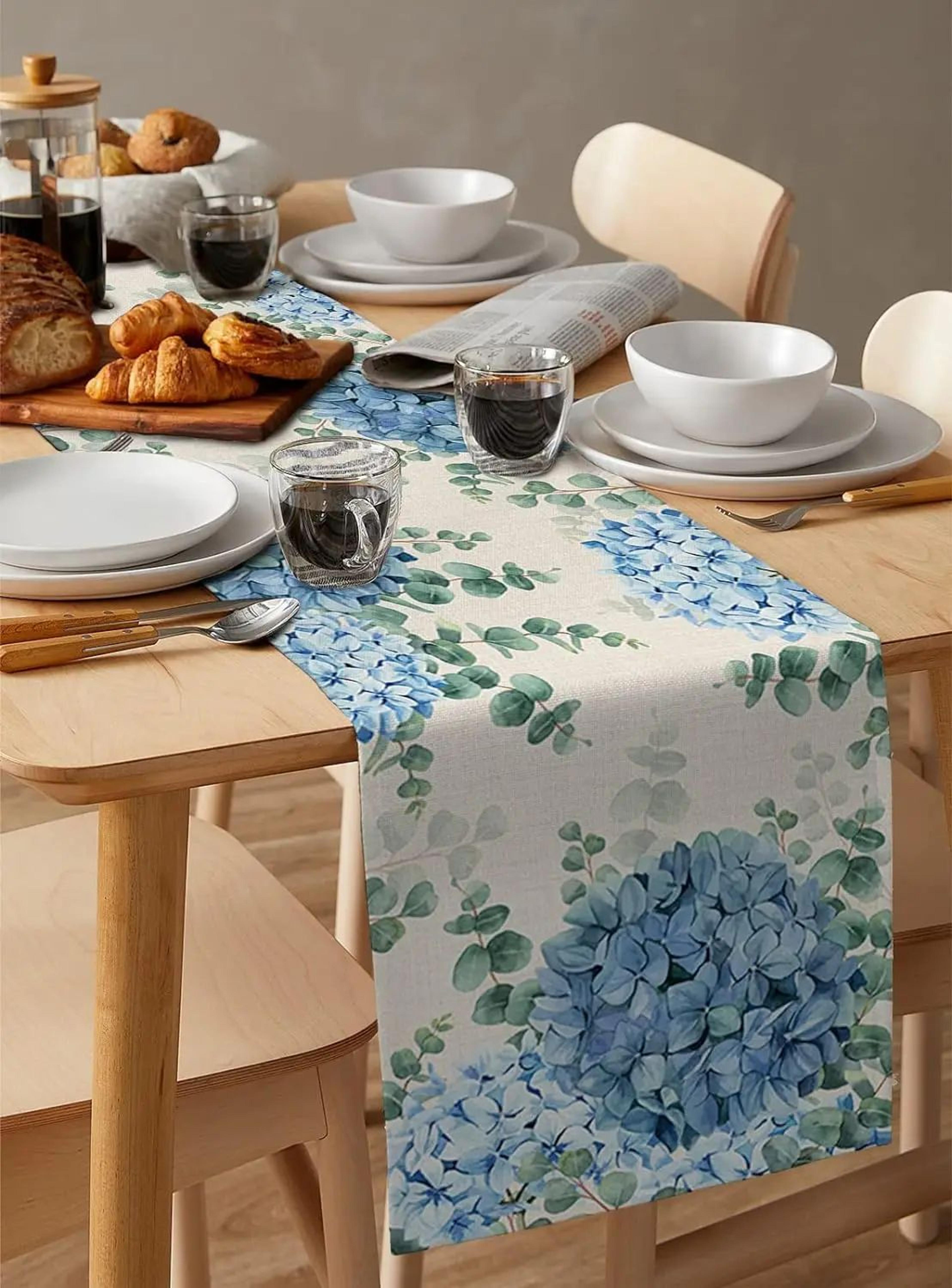 blue hydrangea eucalyptus linen table runner for dining table – floral farmhouse wedding decor