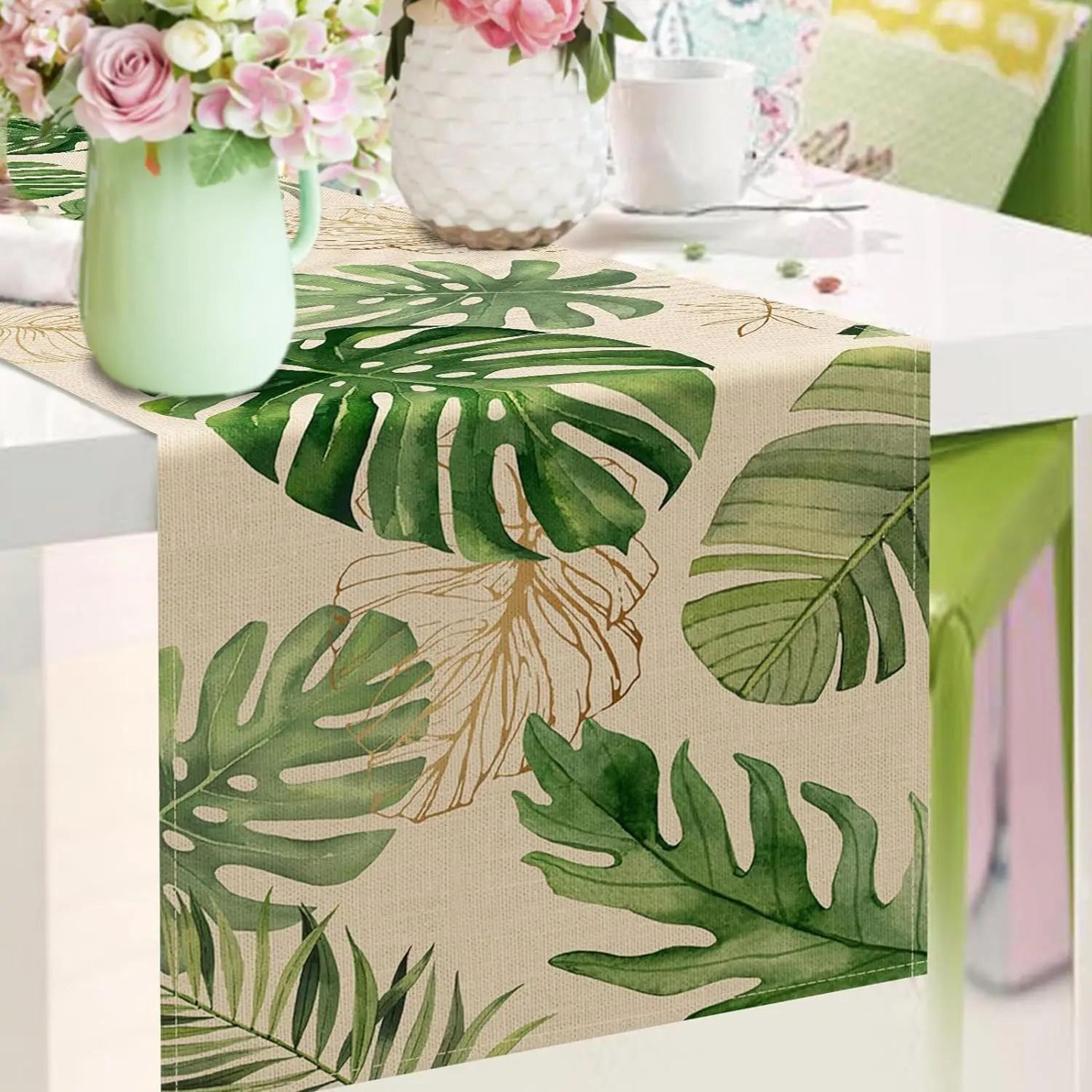 tropical palm leaves linen table runner – summer greenery dining table decor, outdoor party & kitchen accent