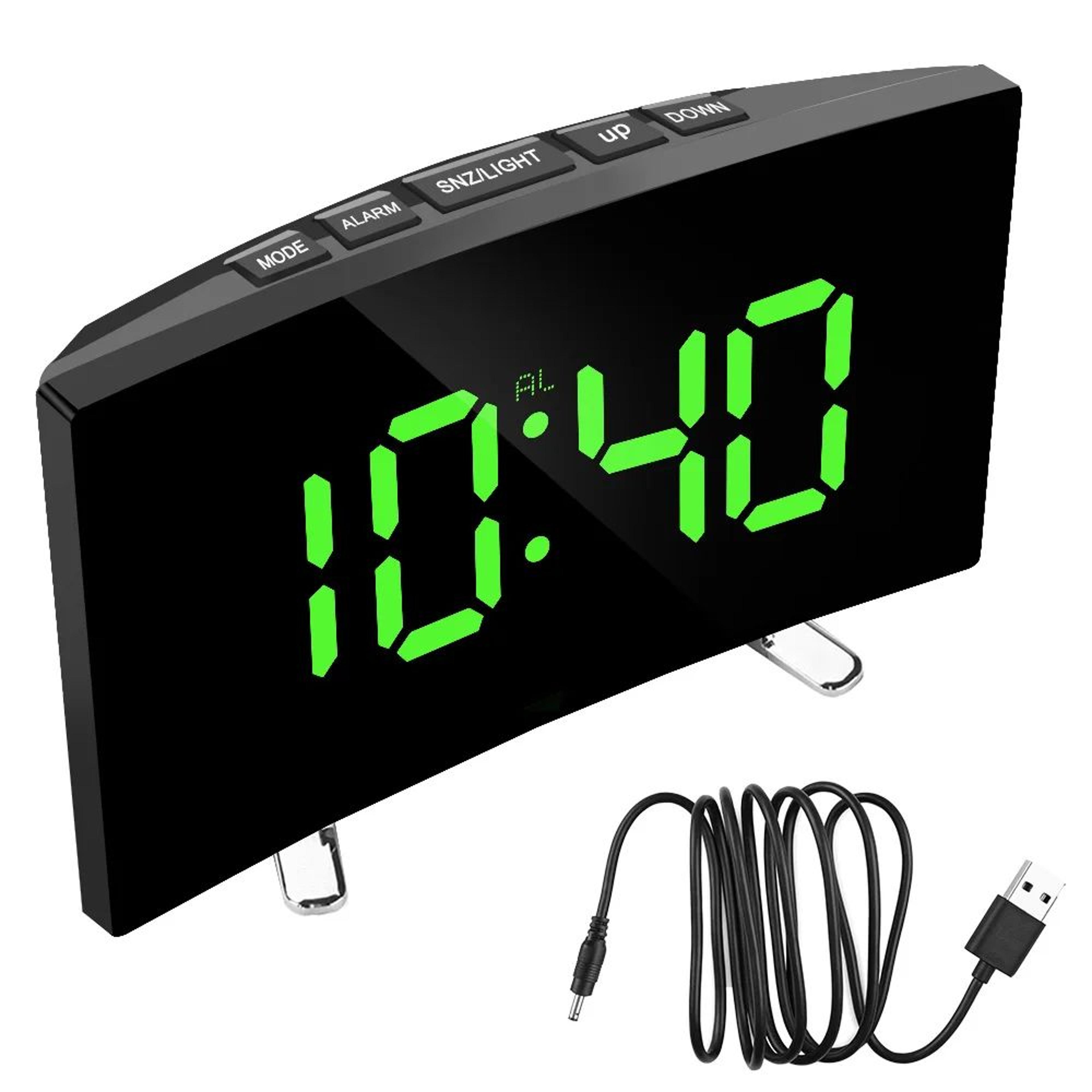 curved led mirror alarm clock – dimmable digital desk clock with temperature display & snooze function