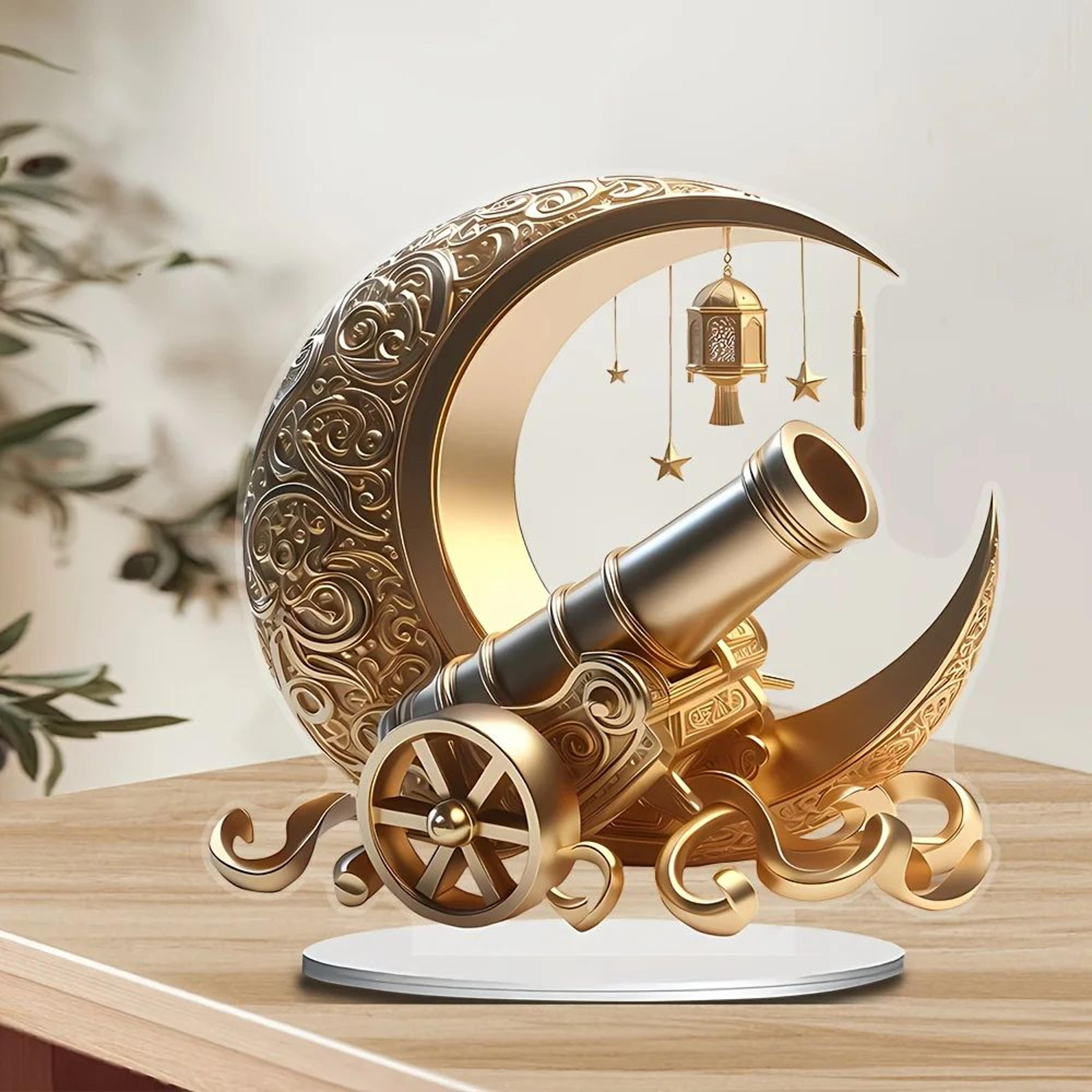 moon & lantern acrylic decor stand – ramadan eid desktop ornament with floral & star design