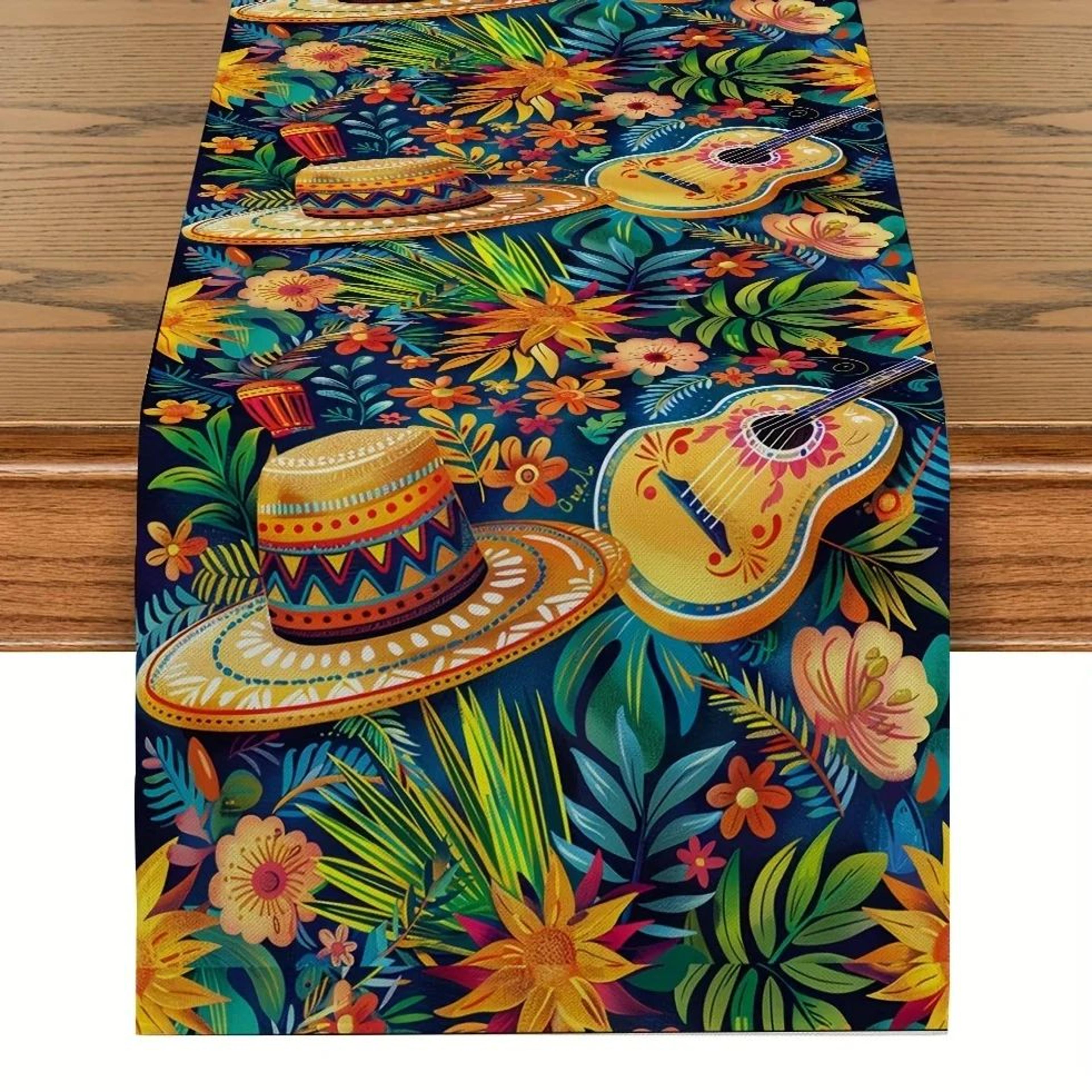 mexican fiesta linen table runner – colorful cactus & day of the dead table decor for parties & dining
