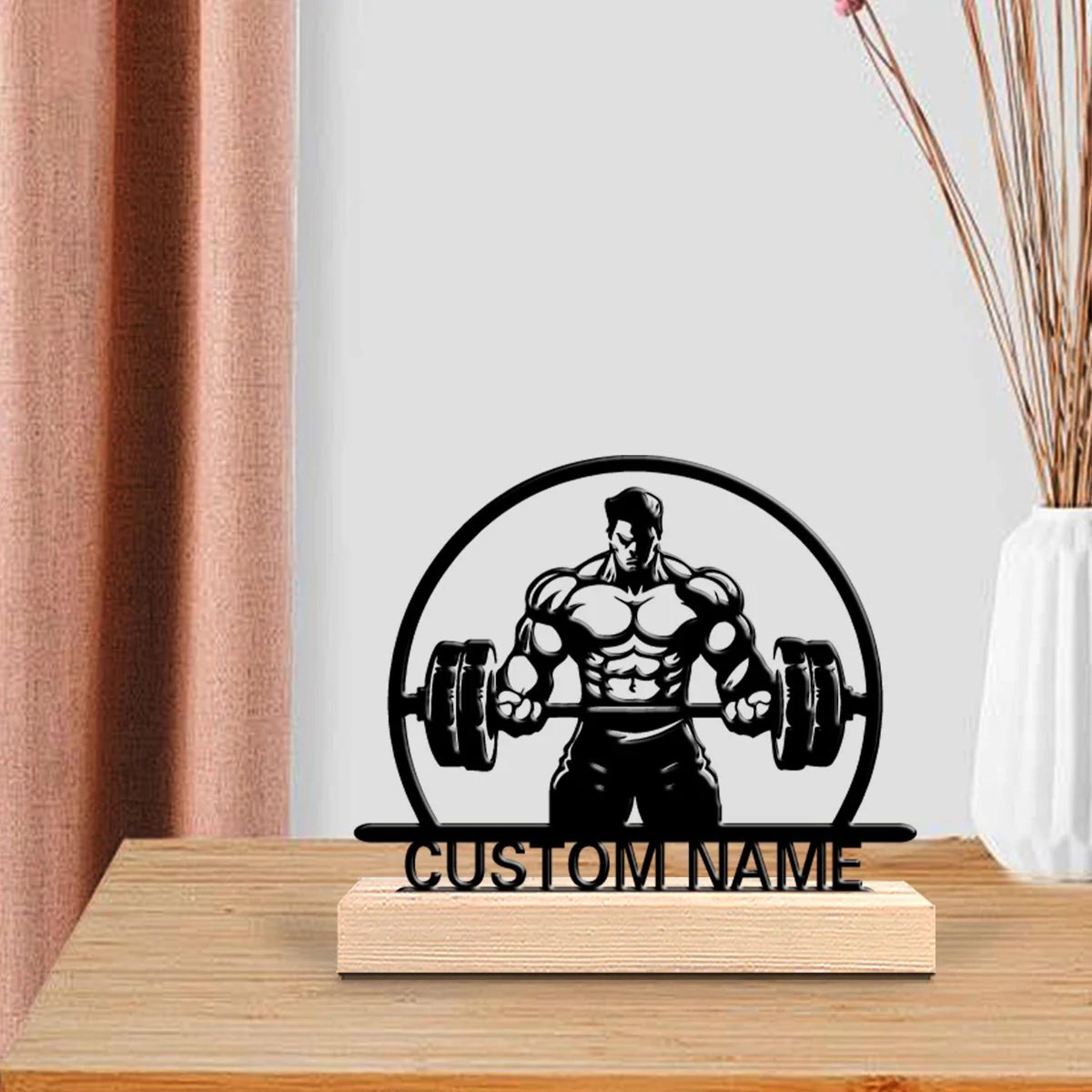 custom weightlifting metal art sculpture with wooden base – personalized gym tabletop decor gift