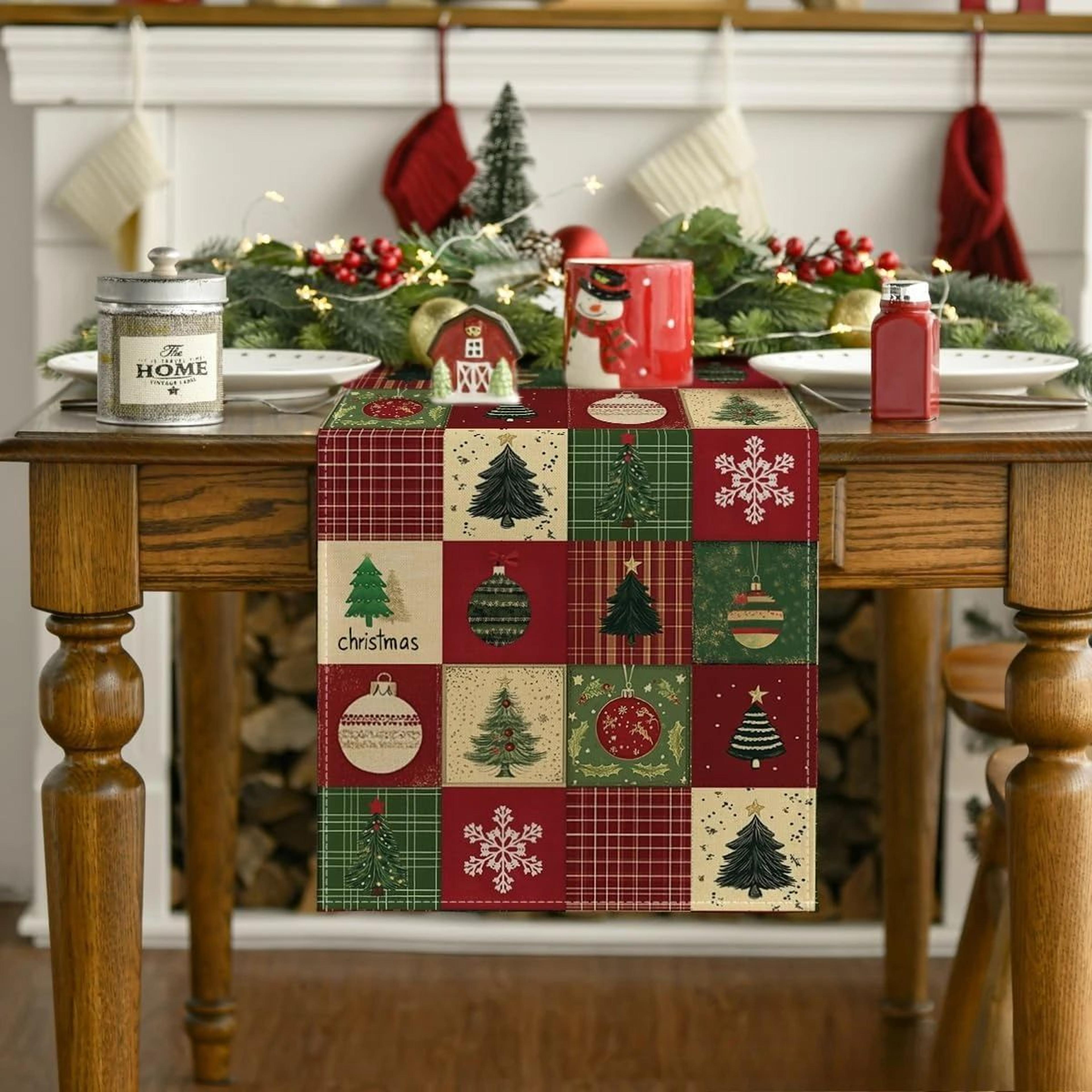 christmas plaid snowflake table runner – linen holiday dining decor for kitchen & party tables