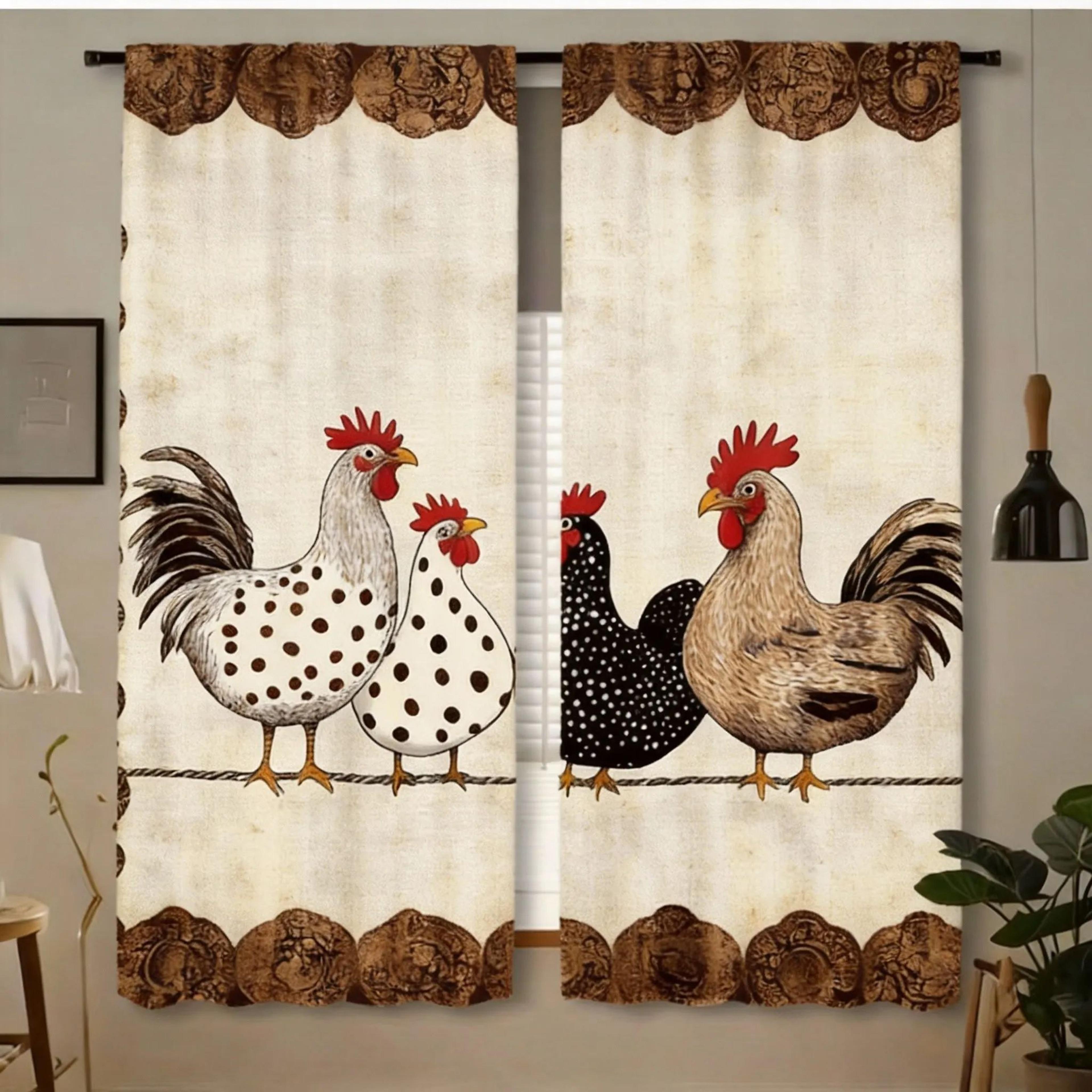 retro polka dot chicken cafe curtains 2pcs – farmhouse kitchen window drapes light-filtering