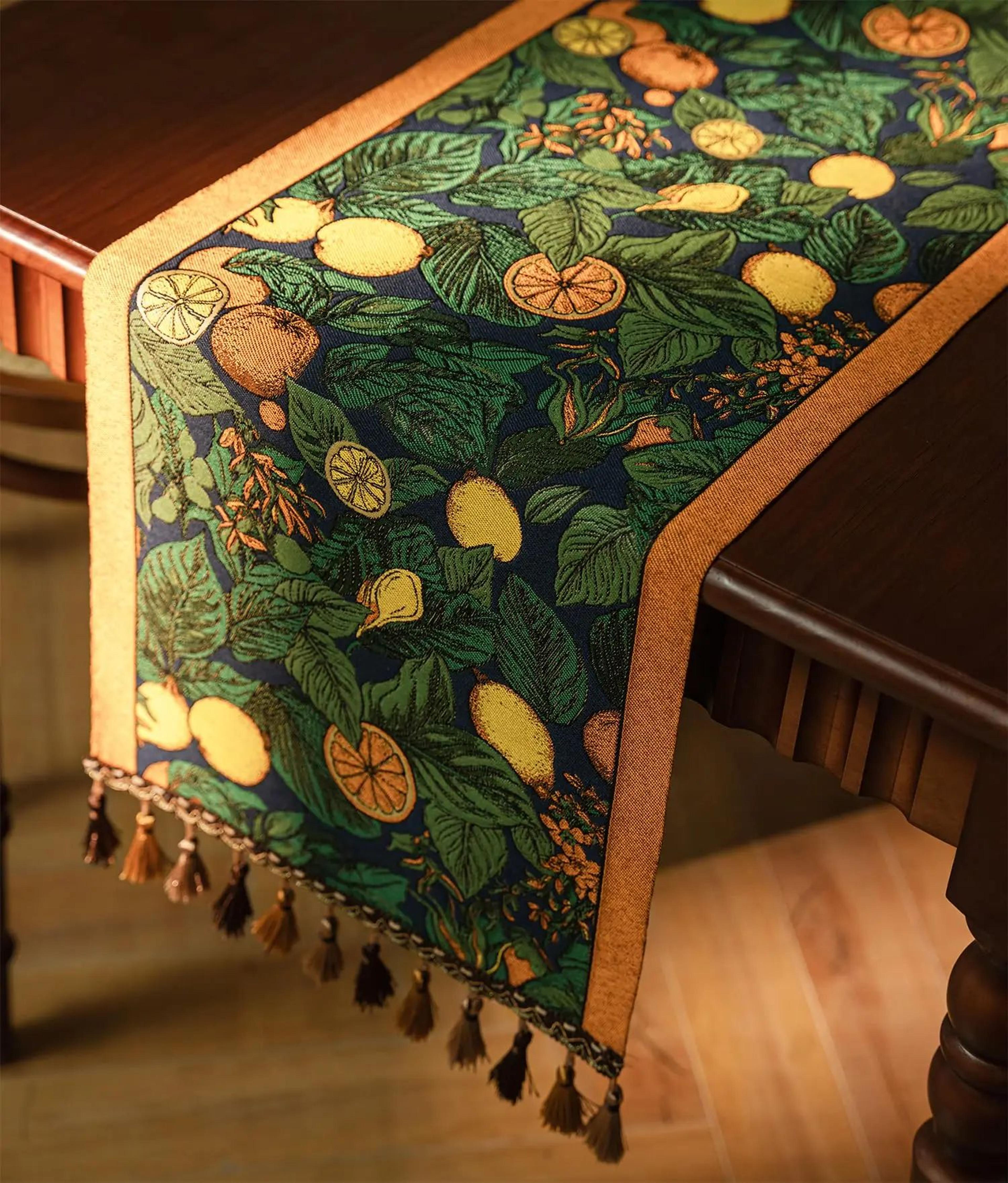 farmhouse lemon floral table runner – colorful linen blend kitchen & dining table decor