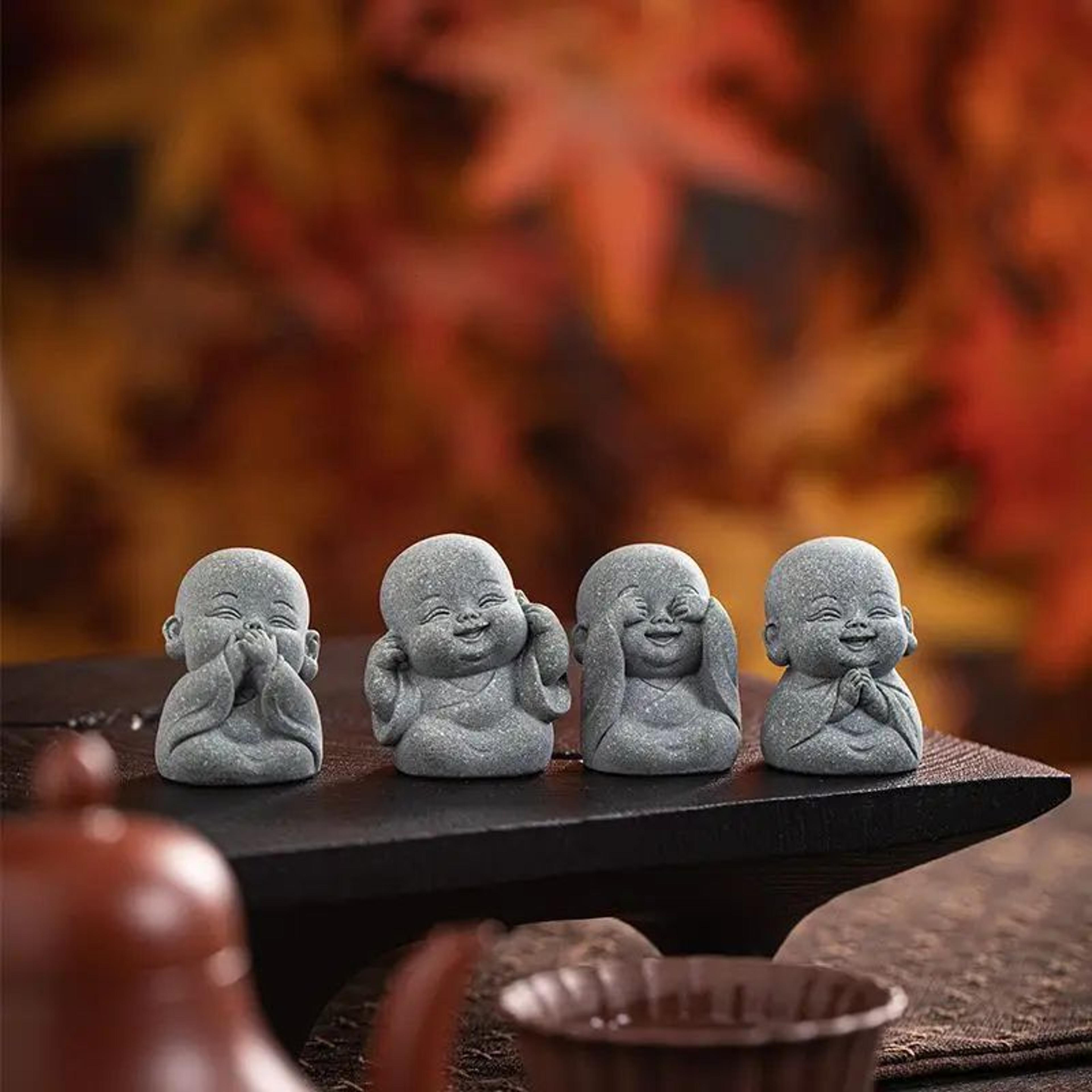 zen little monk stone statue set – cute meditation figurines for home, desk & garden decor
