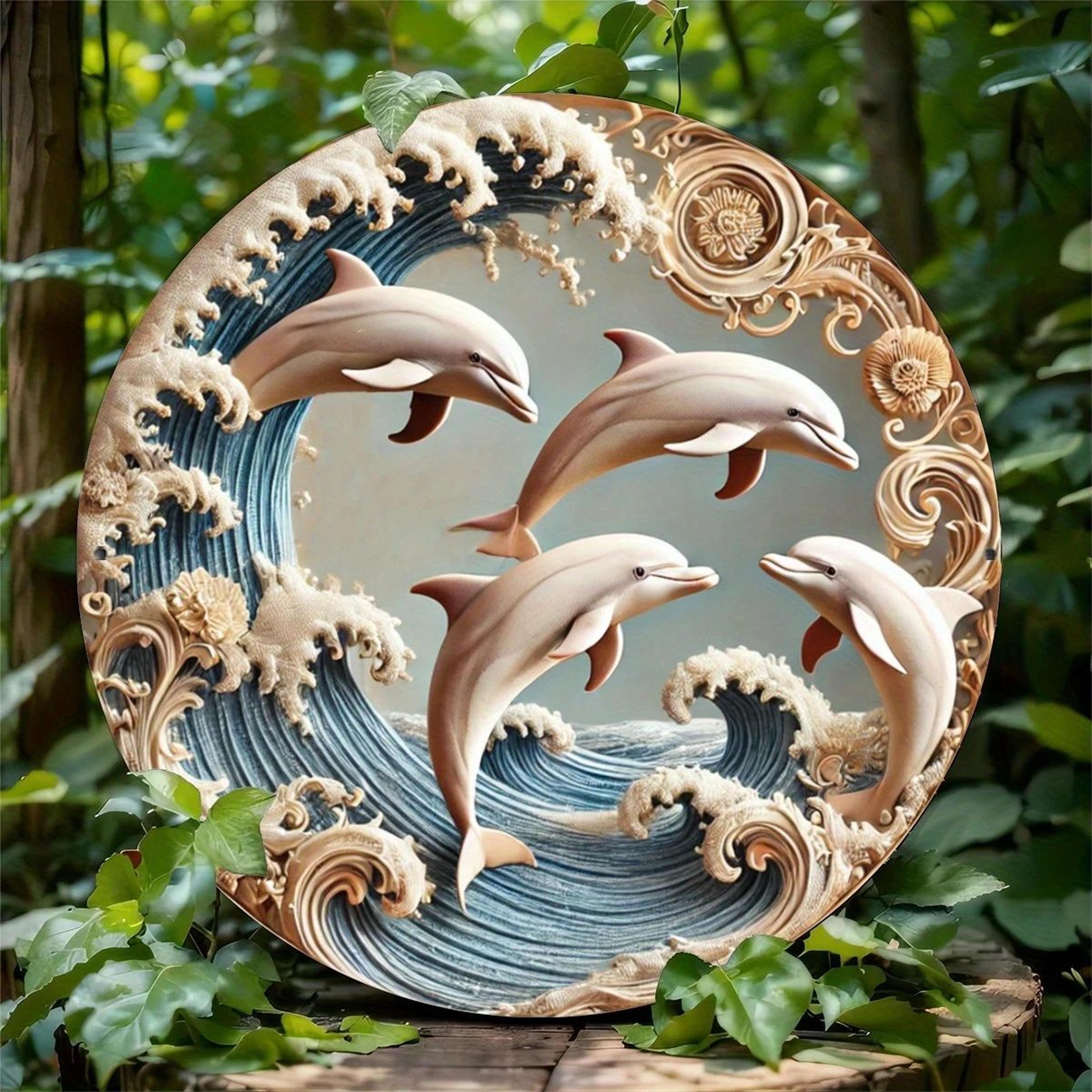 8in dolphin ocean theme wooden wall plaque – 2d underwater decorative art disc for home & office