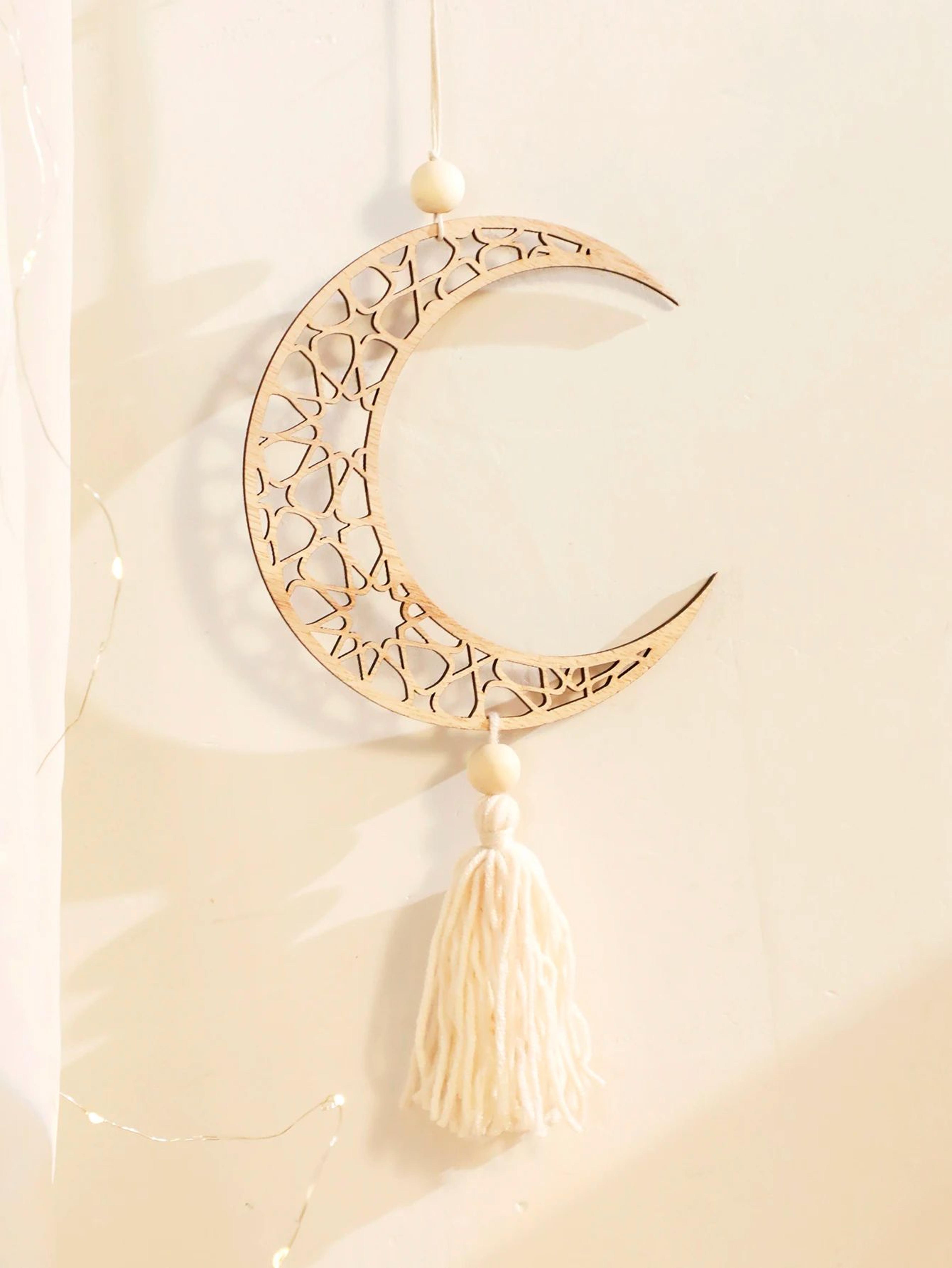 wooden ramadan hanging ornaments with tassels – eid mubarak moon decor for islamic home & gifts