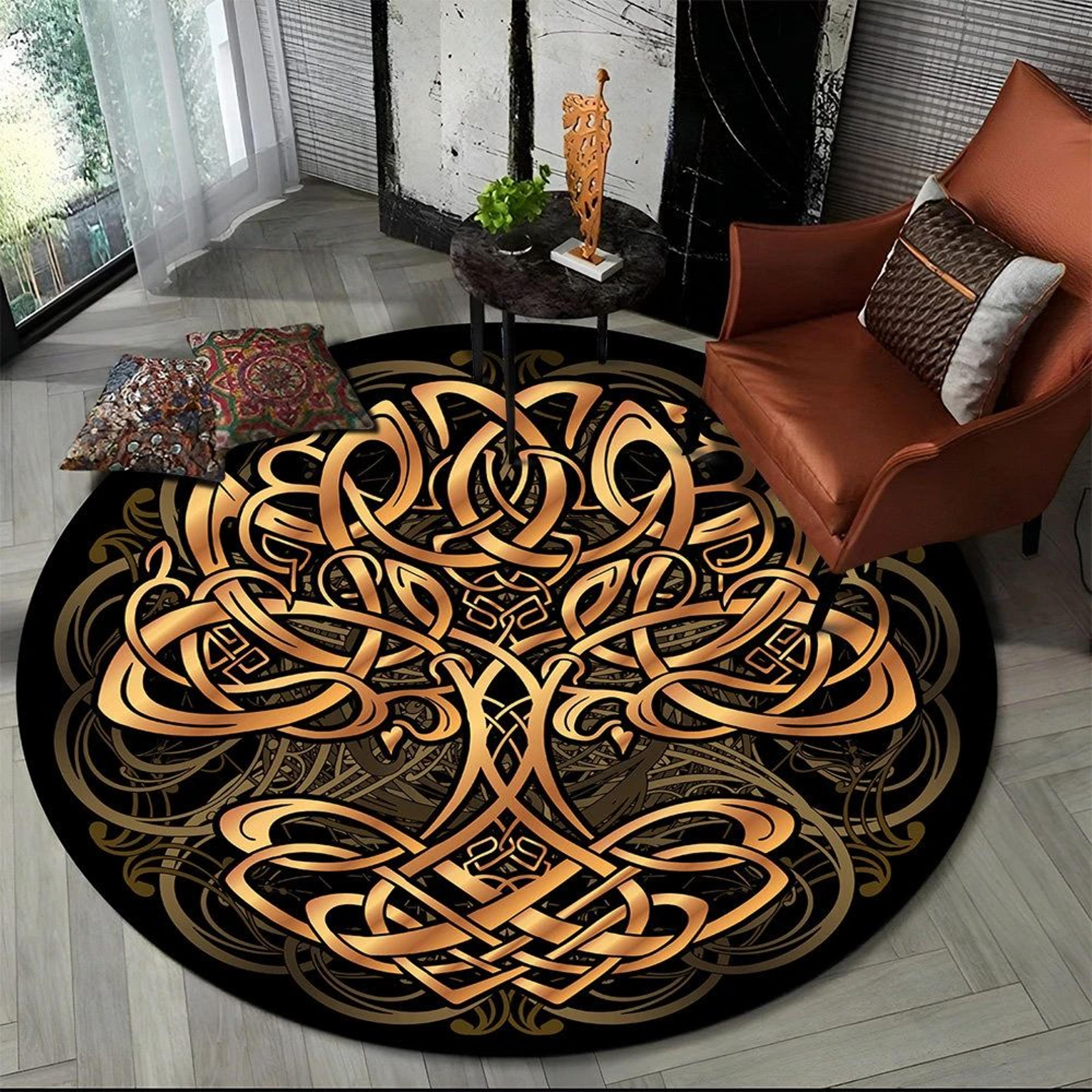 viking valknut tree of life round rug – non-slip nordic area carpet for living room & bedroom decor