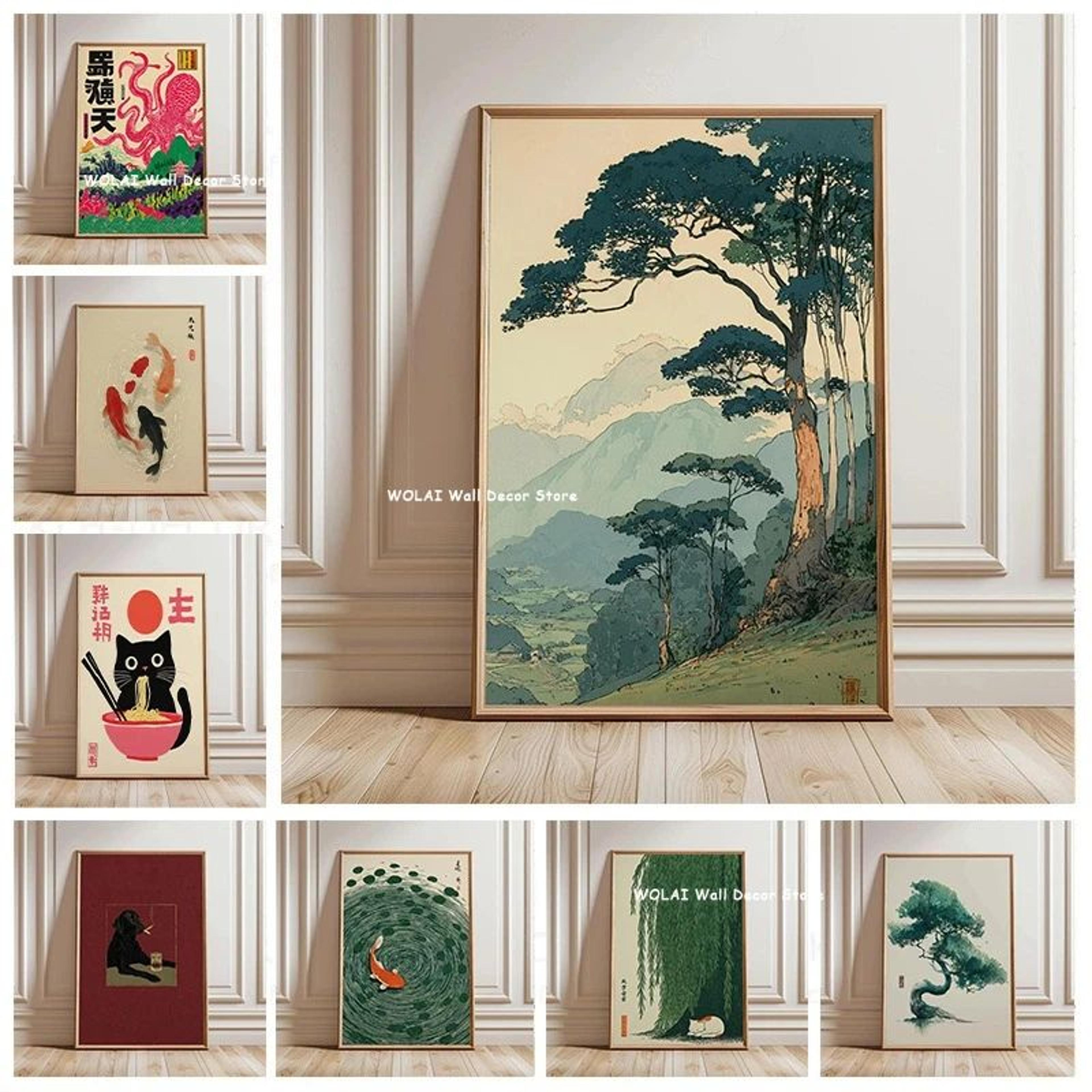 japanese zen forest & koi canvas wall art – retro sun wave abstract poster for peaceful home decor