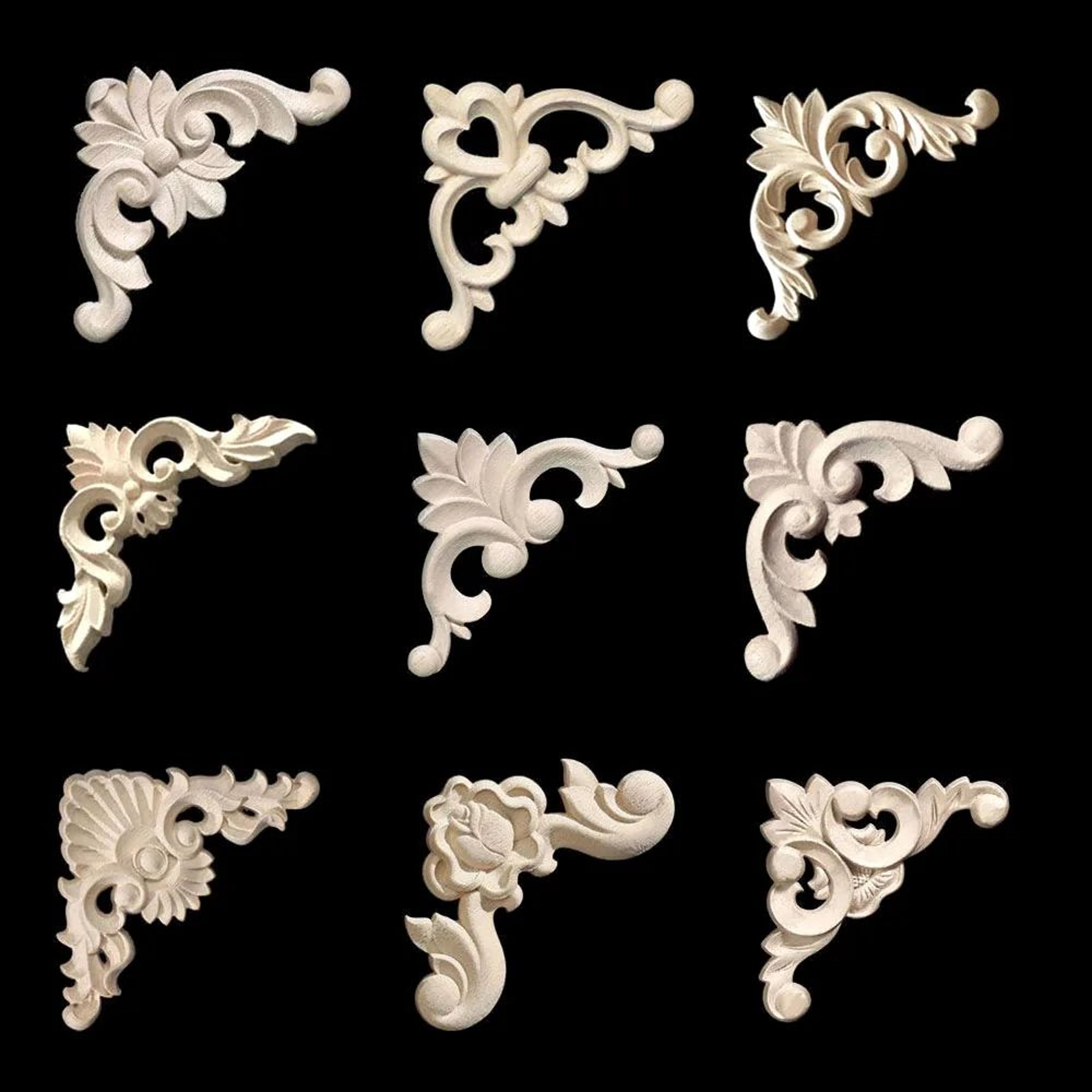 unpainted floral wood carved corner appliques – decorative onlay trim for furniture & home decor
