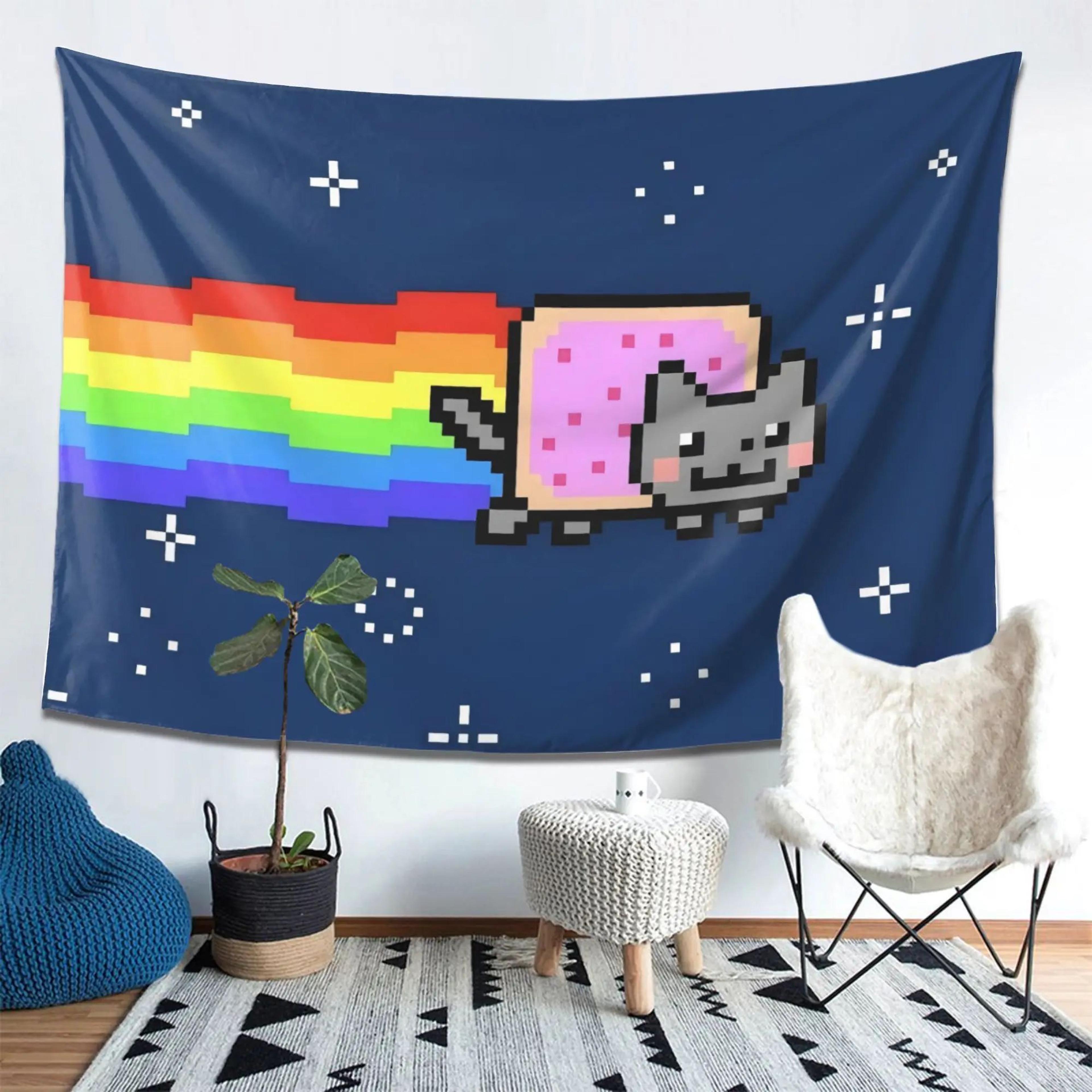 retro nyan cat pixel art tapestry wall hanging – kawaii cartoon polyester decor for living room & bedroom