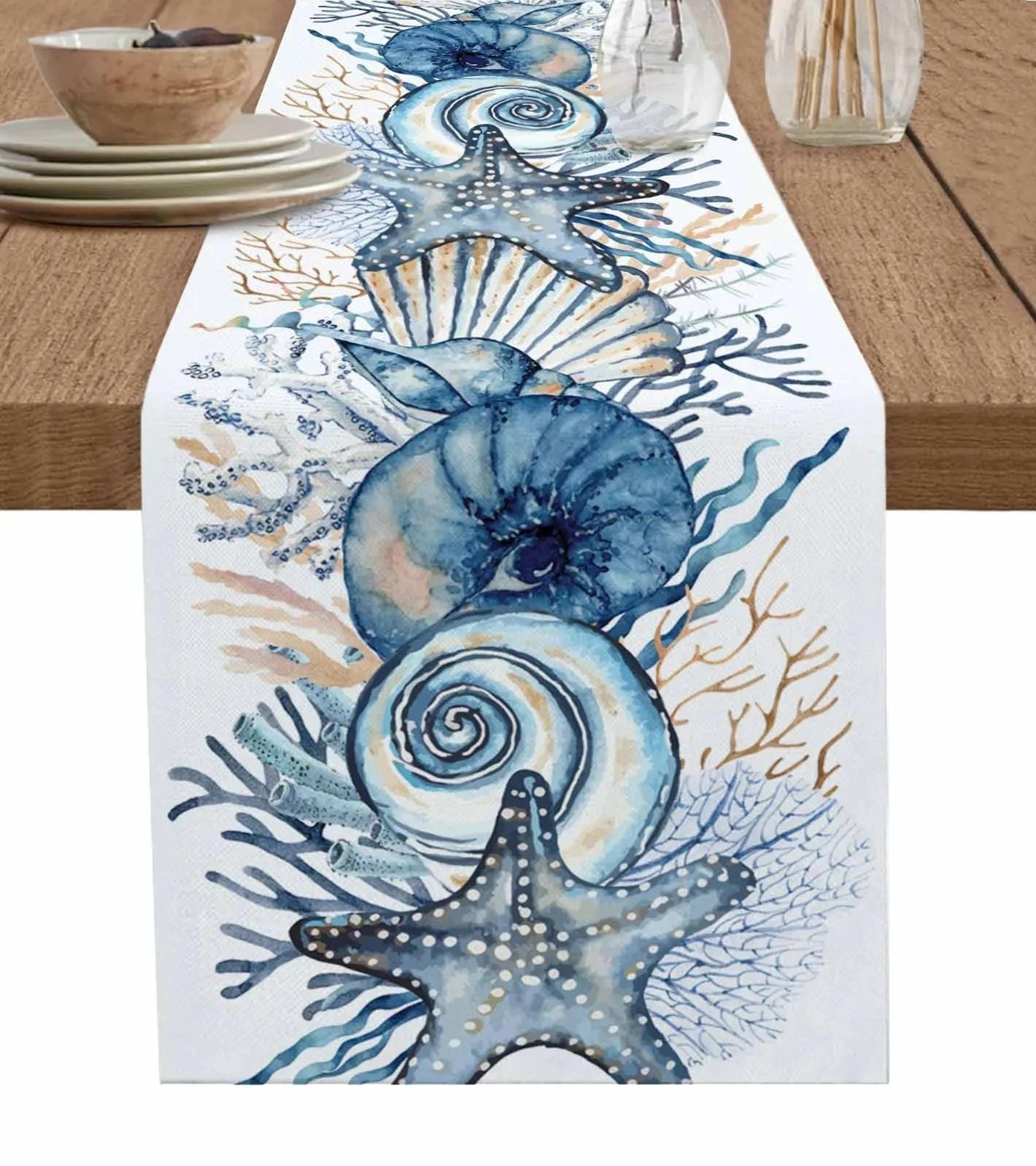coastal summer linen table runner – ocean conch & coral print dining table decor