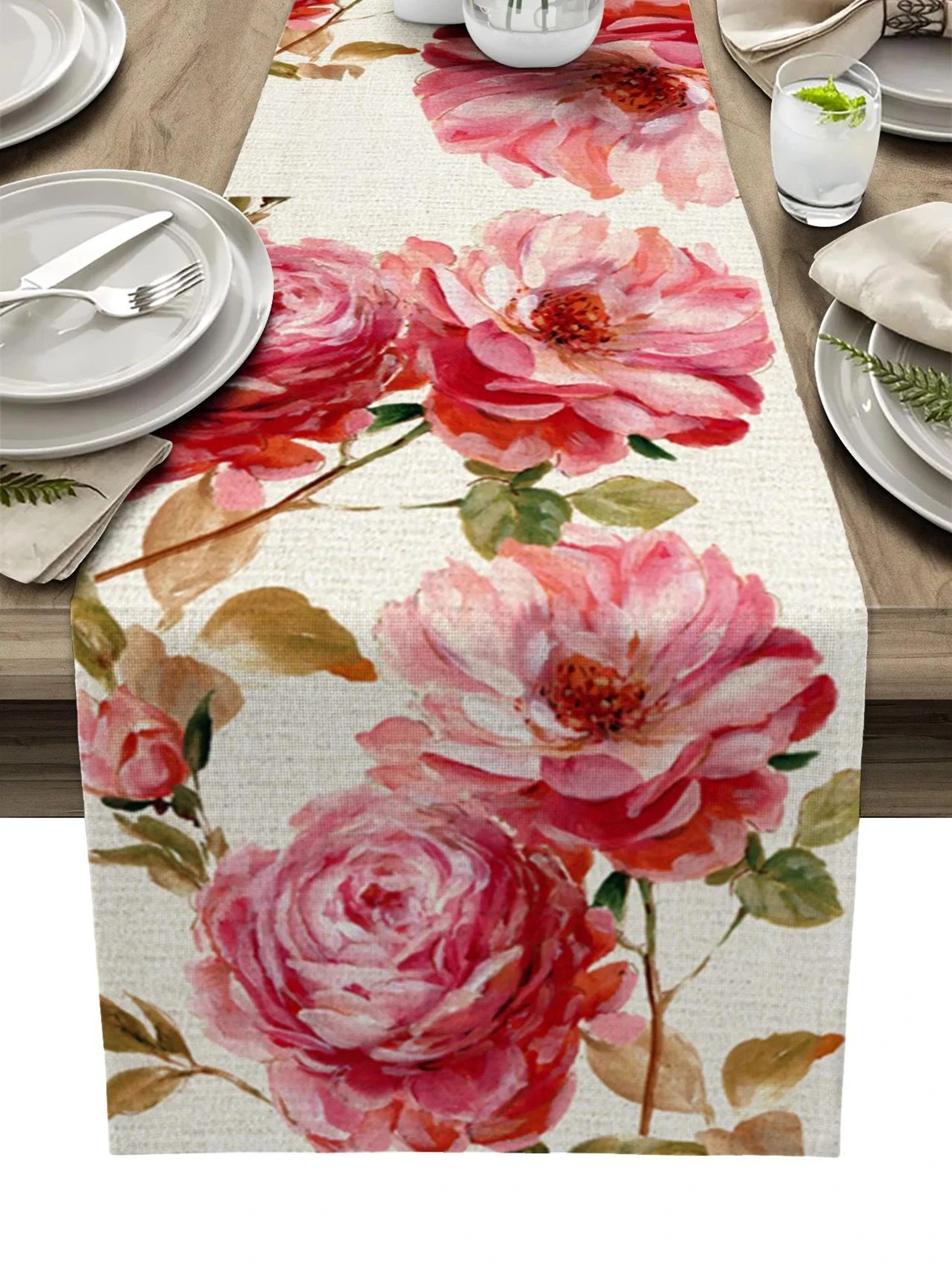 vintage tulip oil painting linen table runner – farmhouse floral dining decor