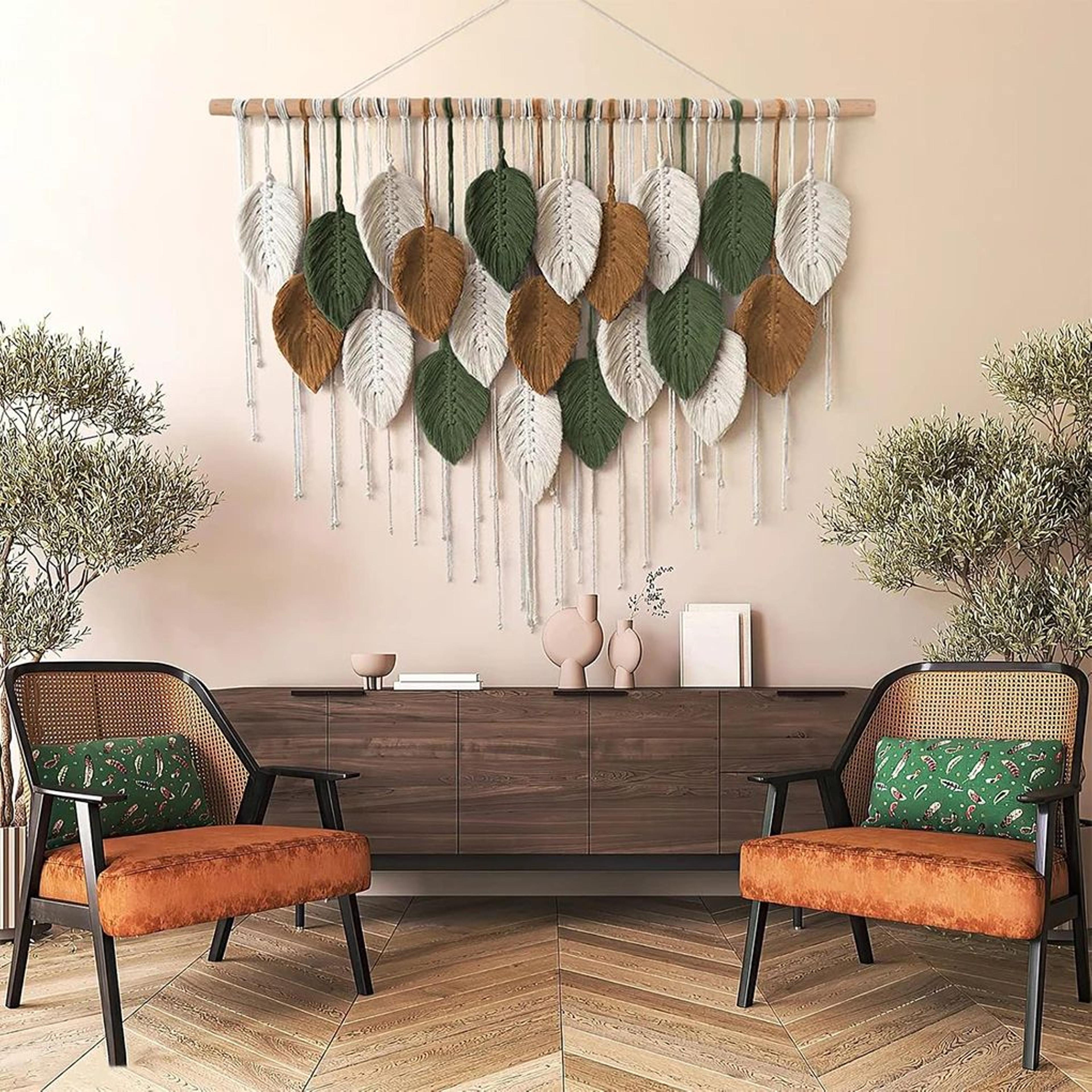 large boho macrame wall hanging – handwoven cotton leaf & feather tapestry for chic home decor