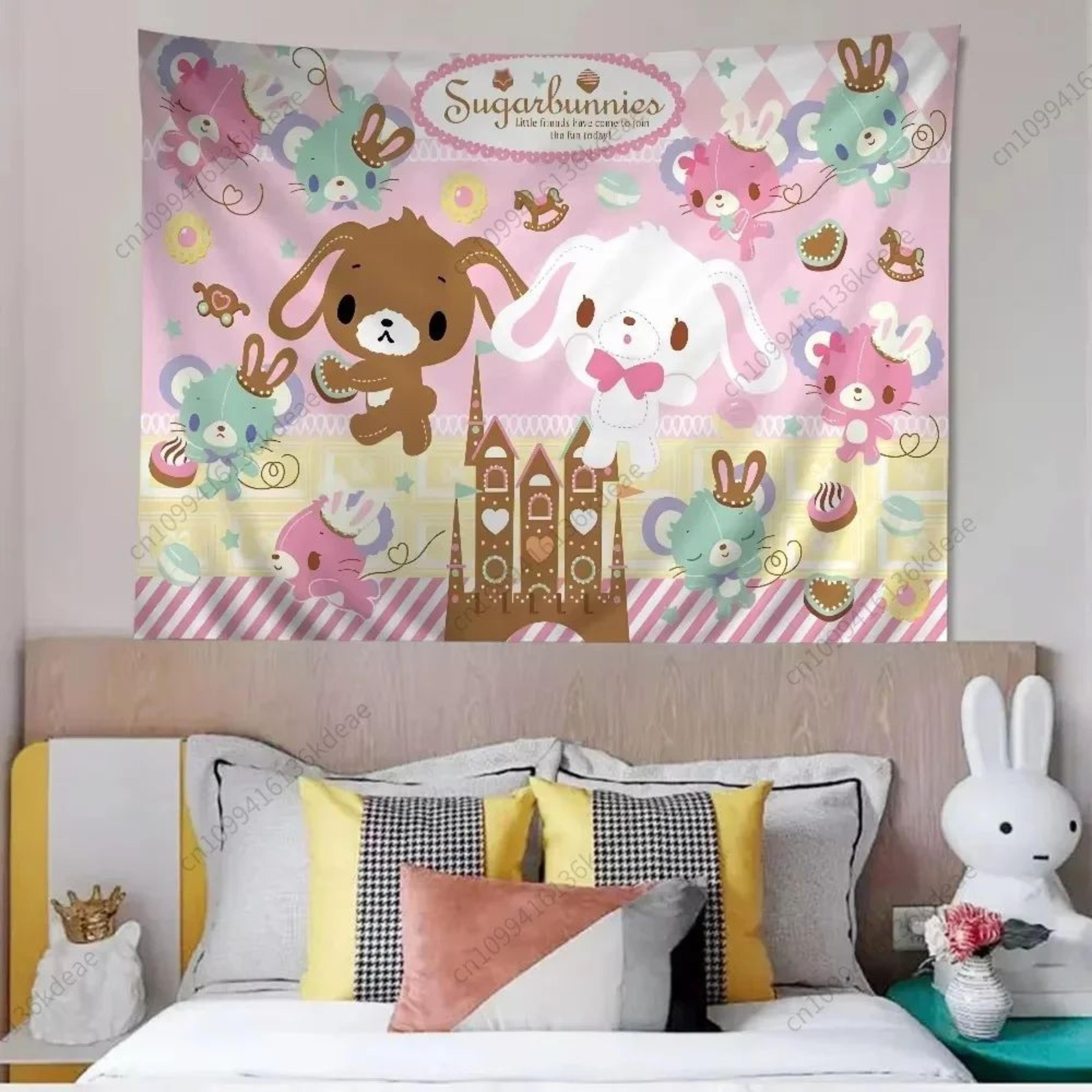 sugarbunnies cartoon tapestry wall hanging – cute aesthetic fabric poster for bedroom & home decor