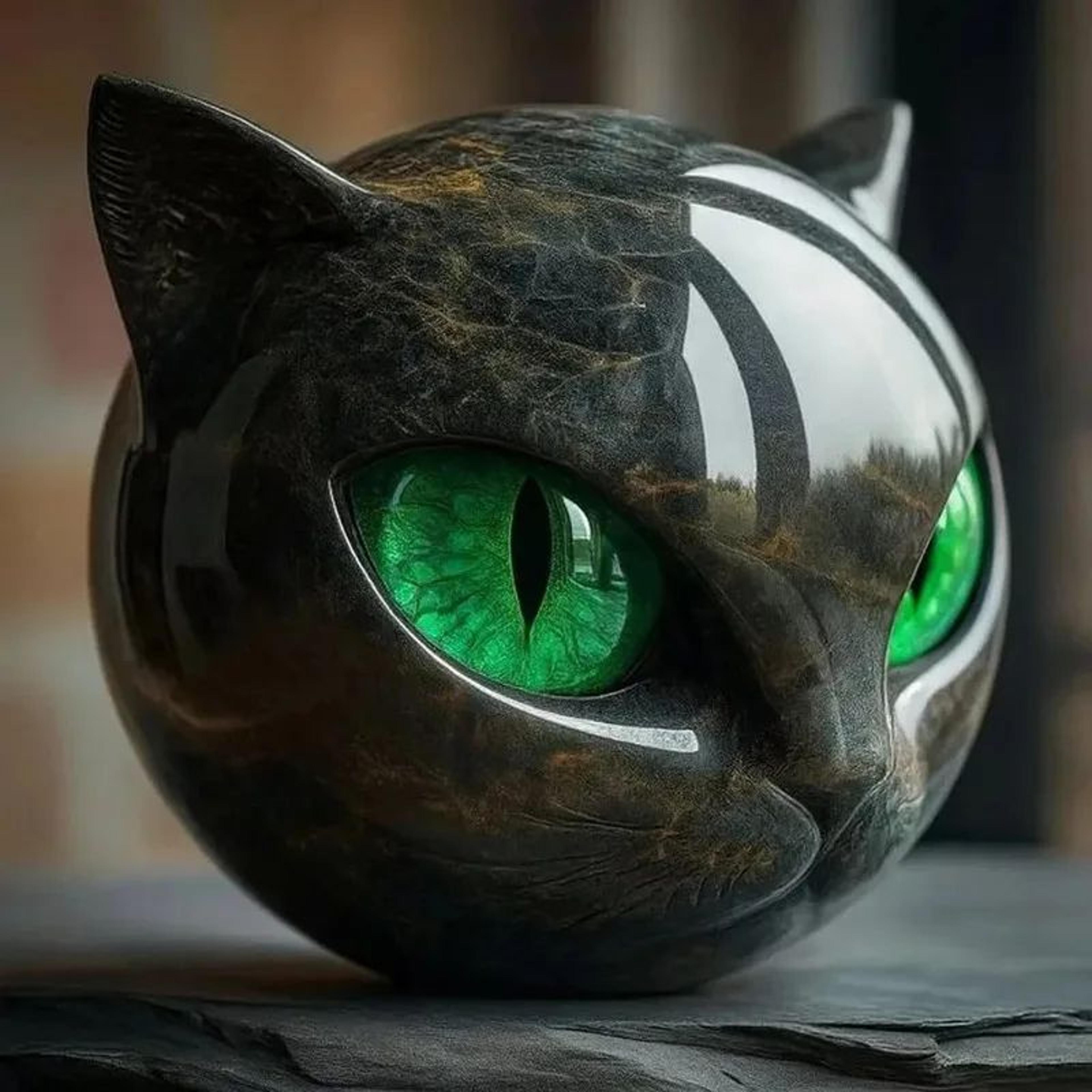 luxury black cat head sculpture – marble texture resin decor with amber eyes for modern home