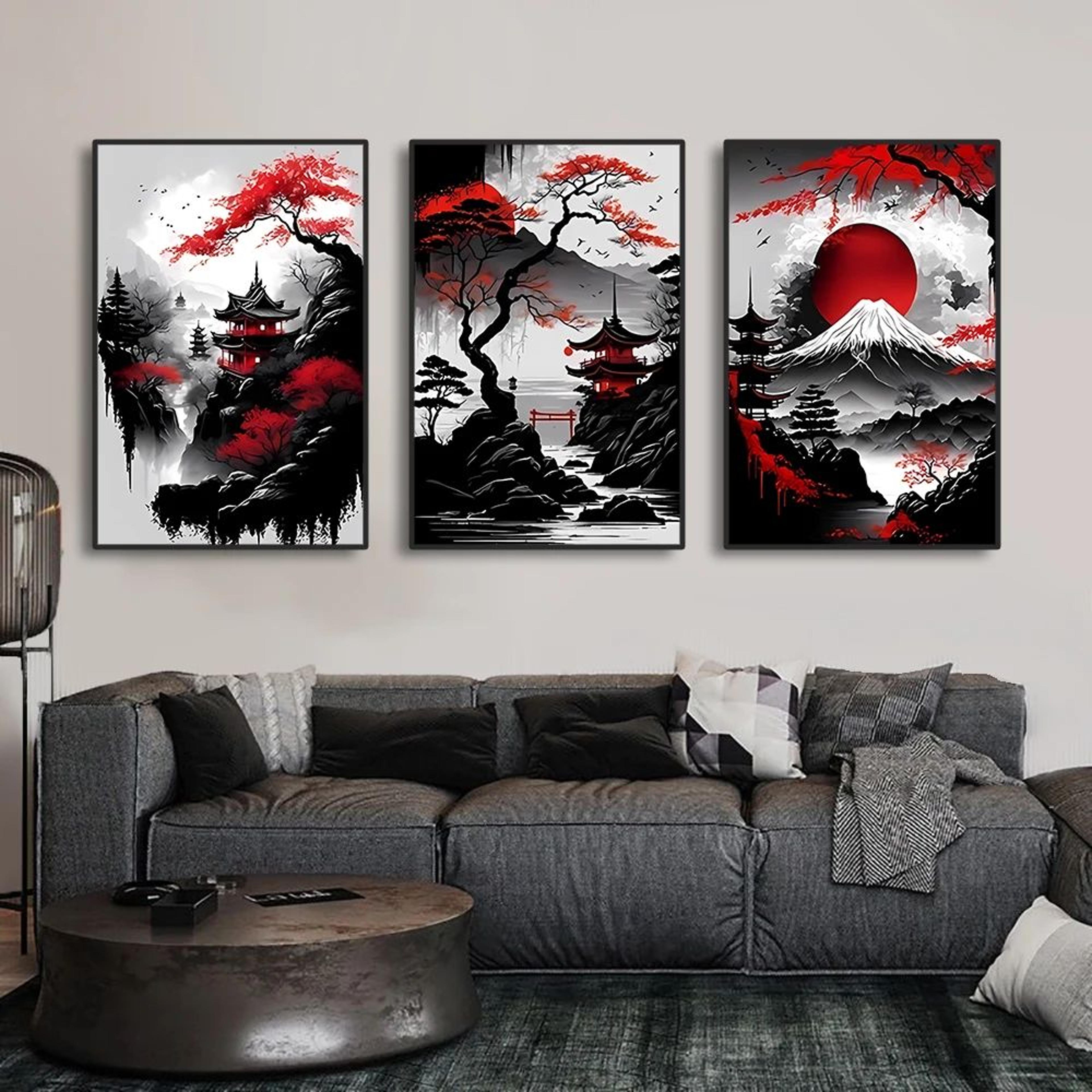 3pcs vintage japanese landscape canvas wall art prints – oriental black & red home decor posters