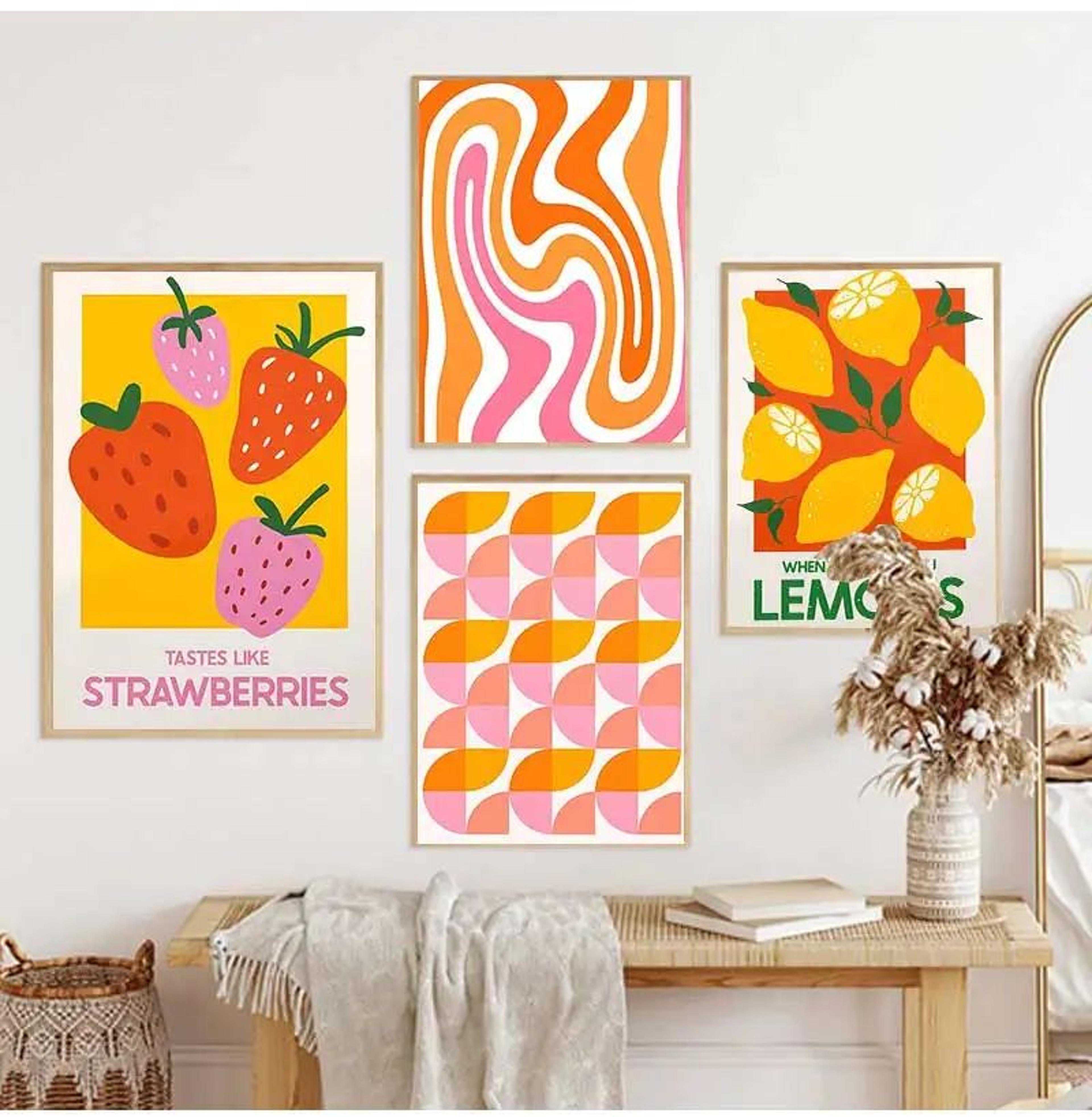 pink strawberry lemon cocktail canvas poster – retro kitchen & bar wall art