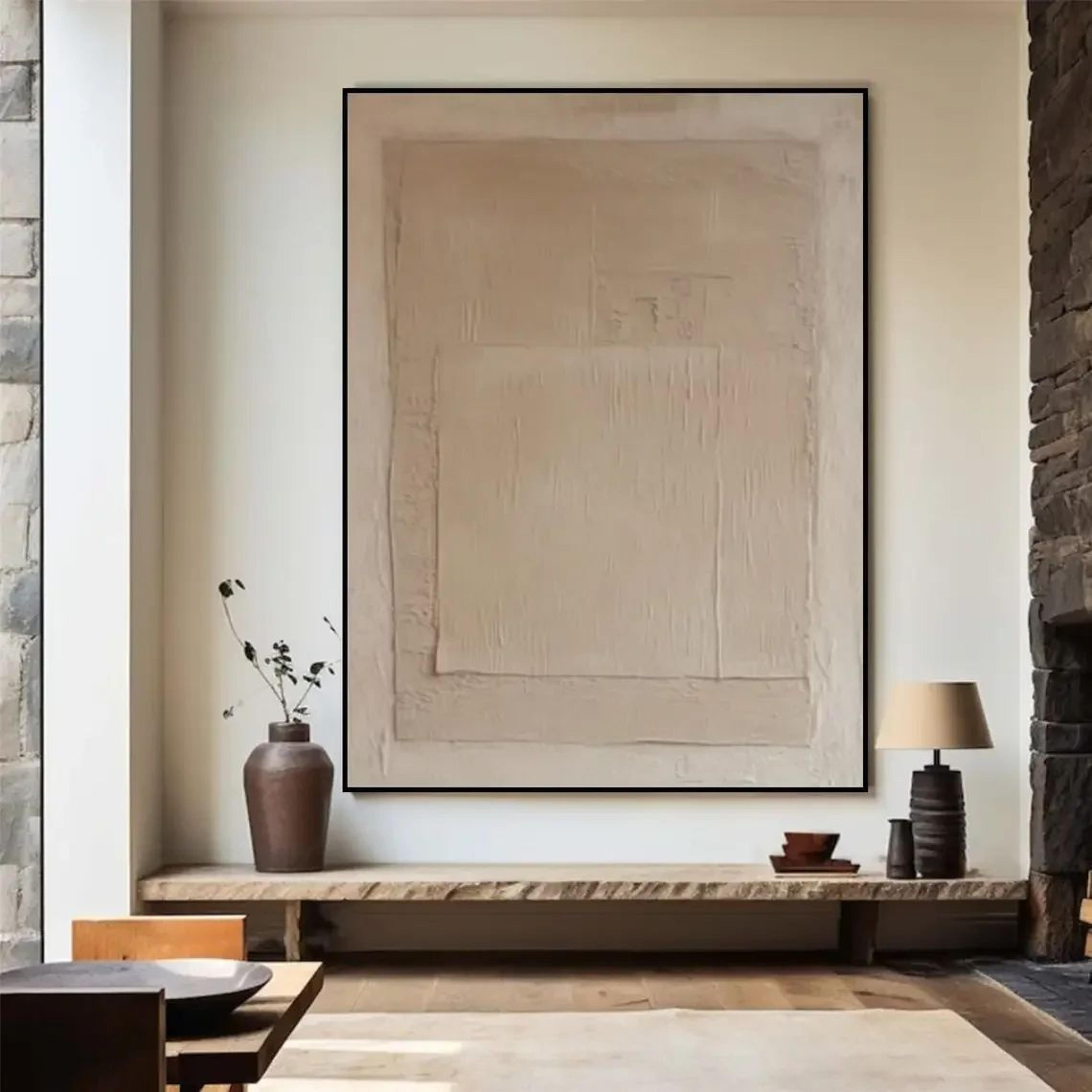 beige abstract handmade canvas wall art – minimalist neutral painting for modern living room decor