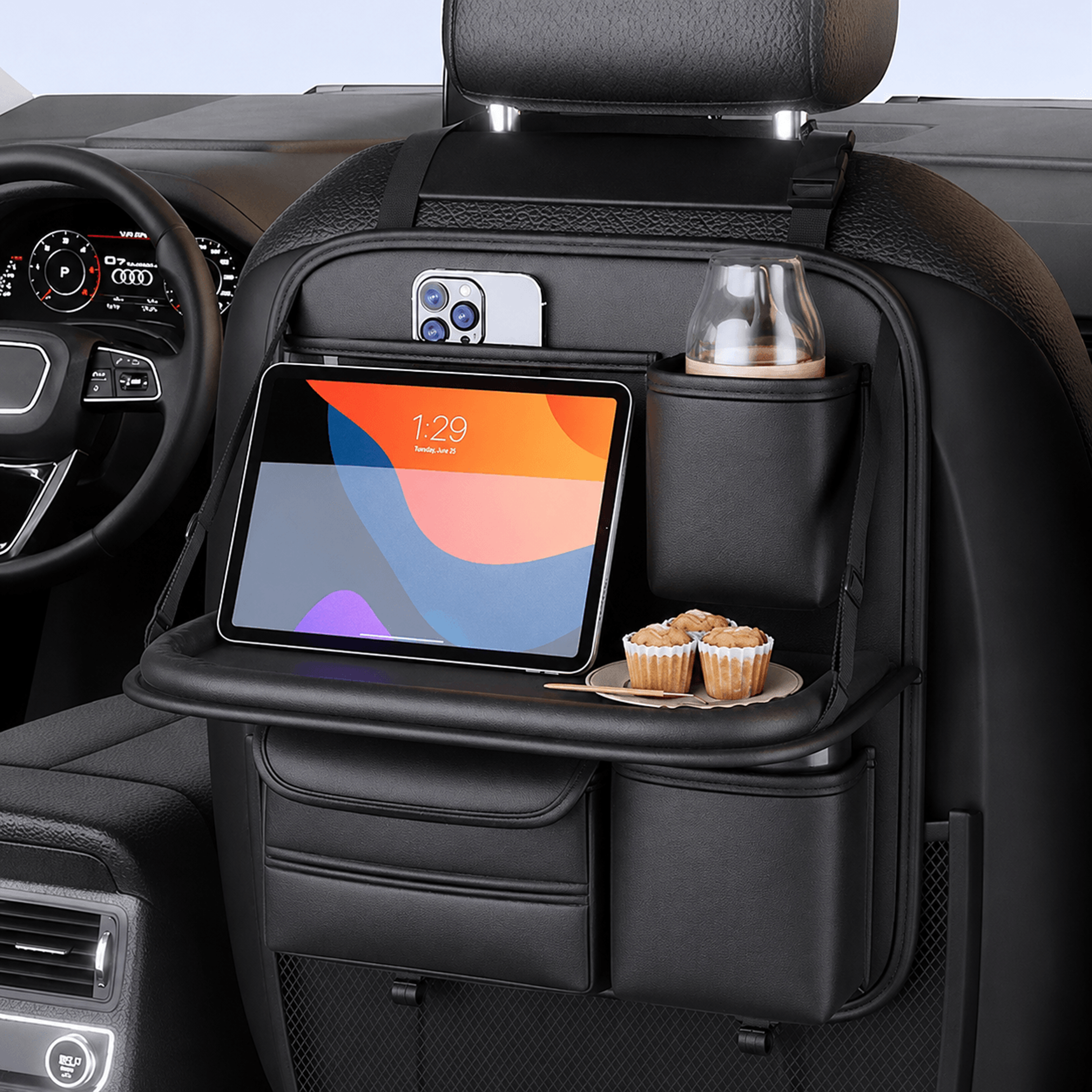 seametal waterproof car seat back organizer with foldable tray table – multi-pocket backseat storage bag