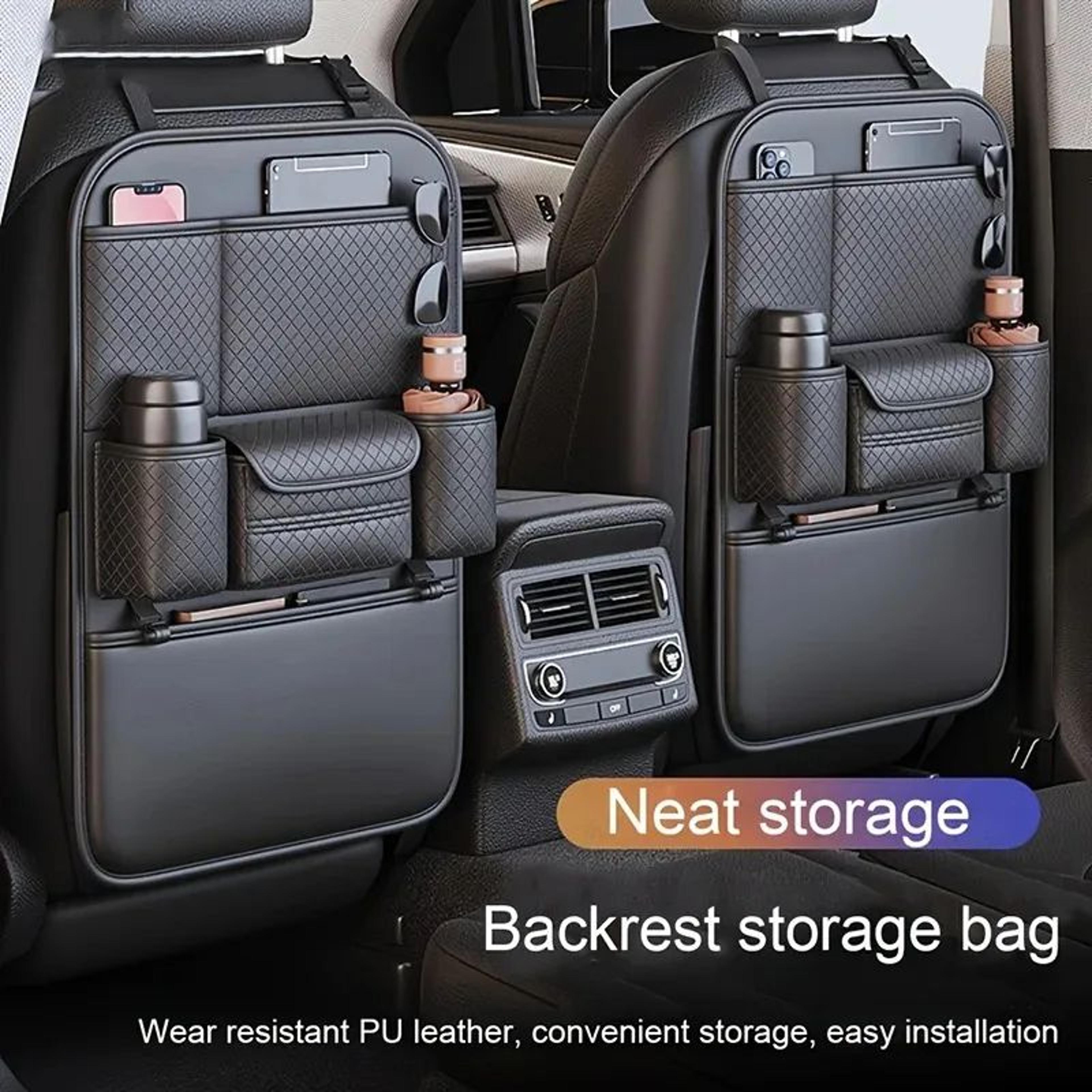 luxury faux leather car seat back organizer – multi-pocket storage bag with cup holder