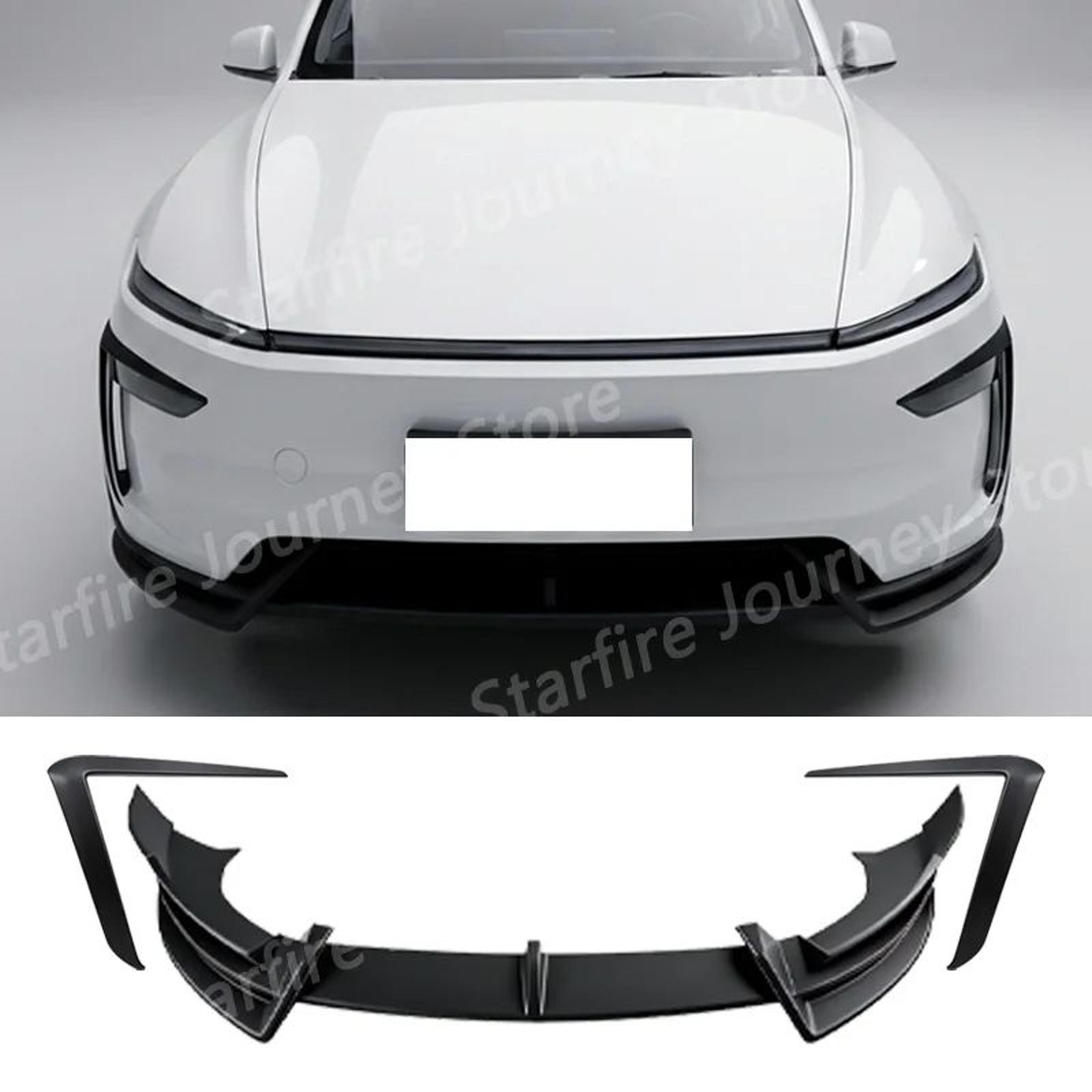 glossy black front bumper body kit for tesla model y juniper 2025+ – front lip, wind blade trim & side skirts