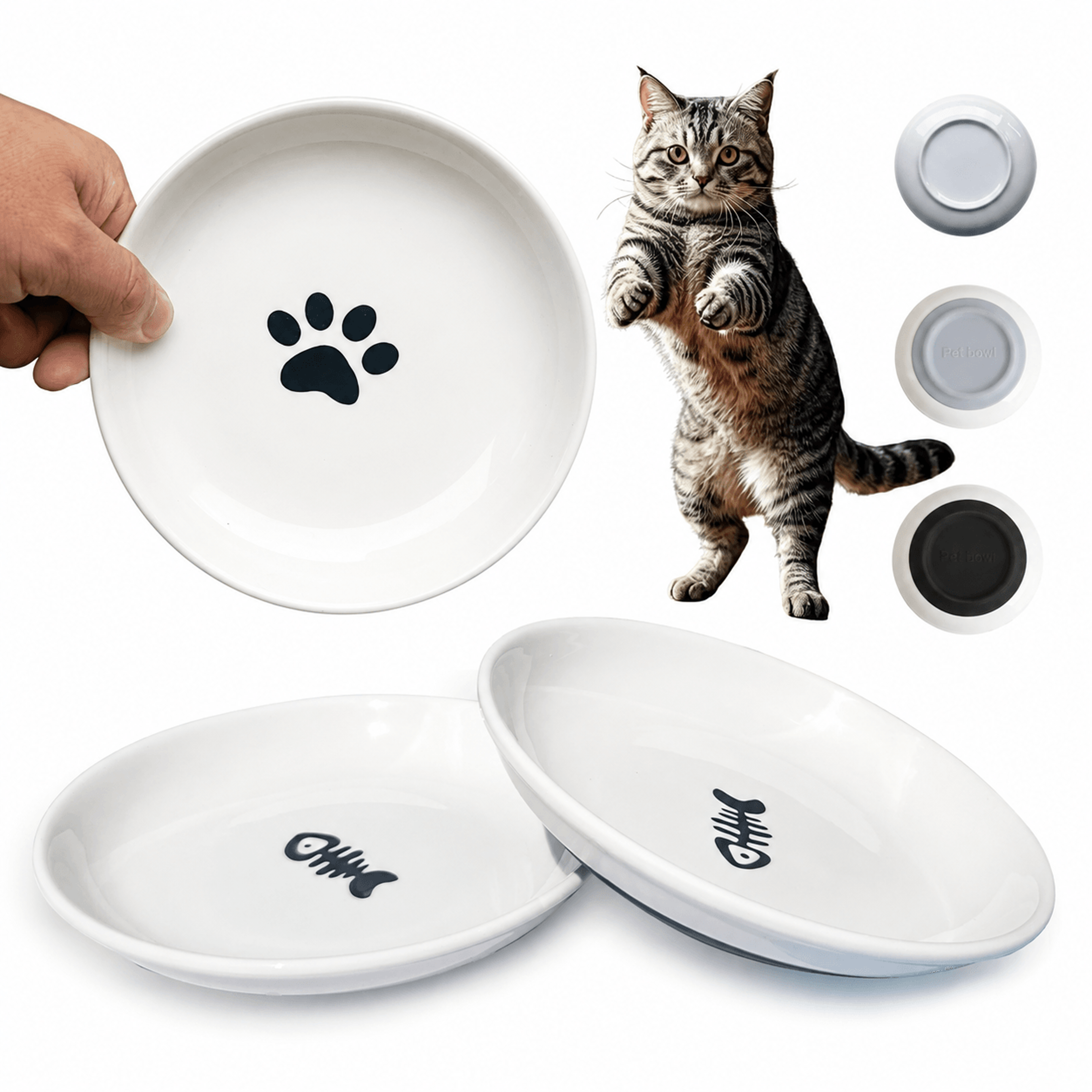 oitabi 3 pcs anti-whisker ceramic cat bowl set – no-spill shallow cat food & water dishes with non-slip silicone base
