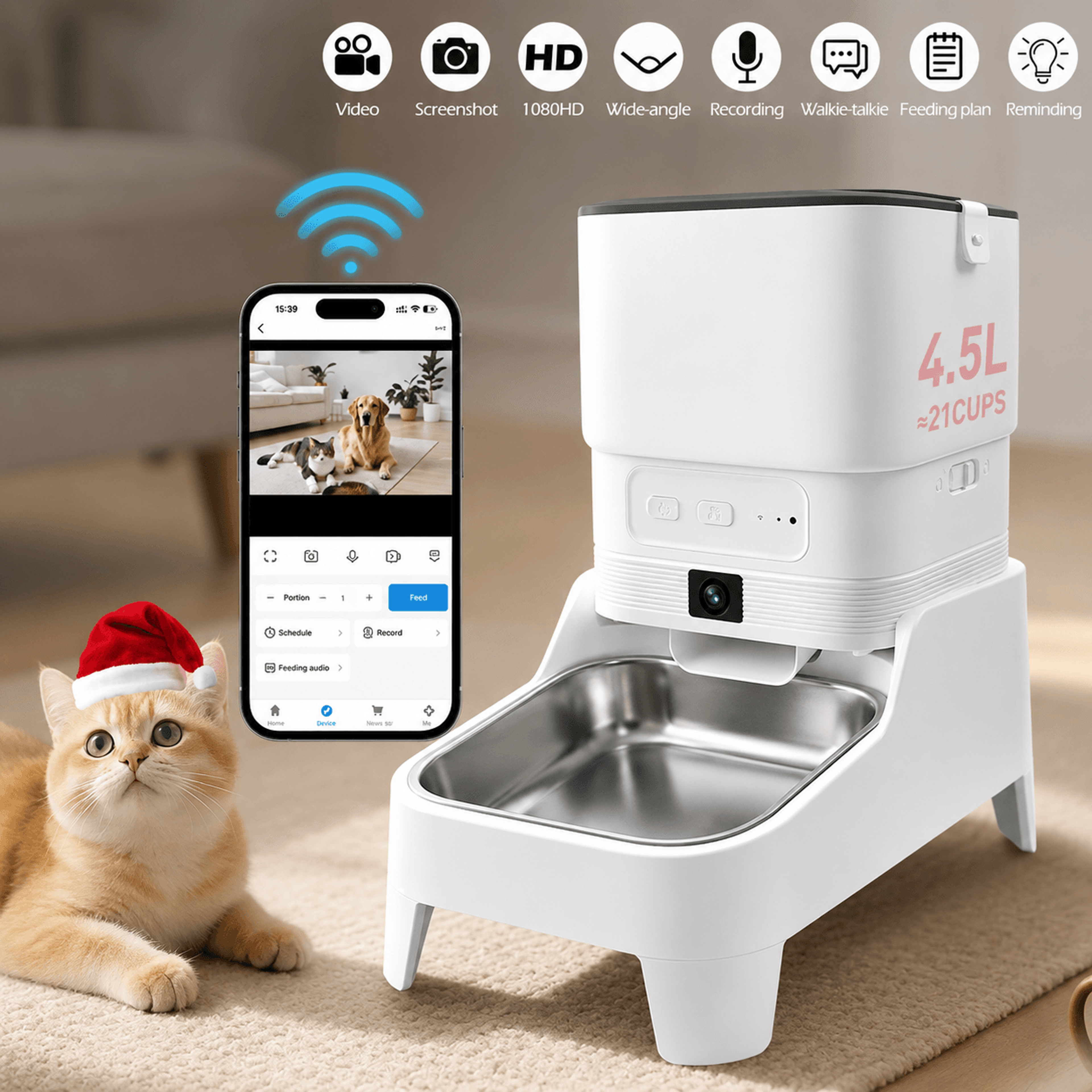 smart automatic pet feeder with 1080p hd camera, 5g wifi app control & elevated stainless steel bowl