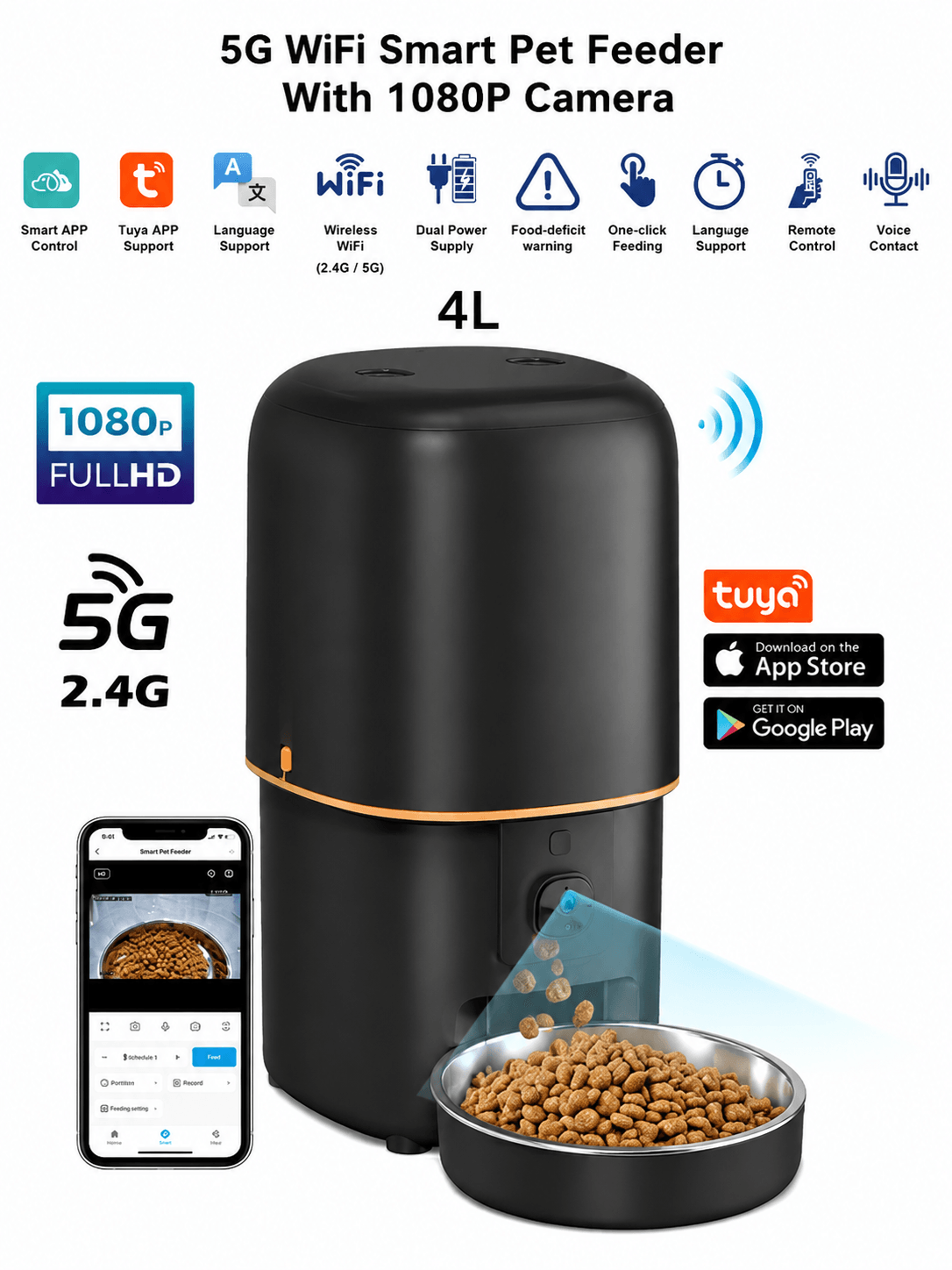smart wifi automatic pet feeder with 1080p camera – app-controlled cat & dog food dispenser