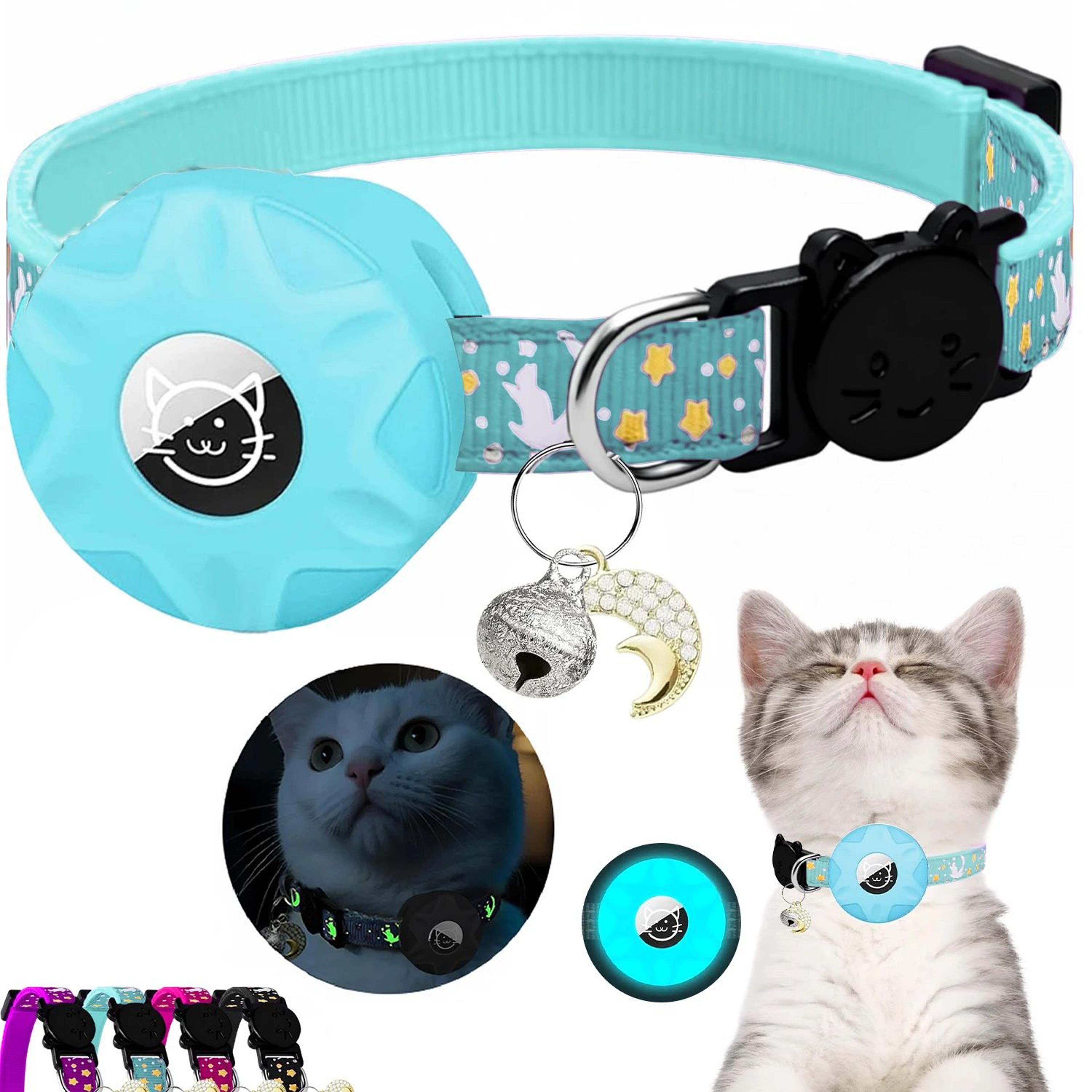 glow-in-the-dark airtag cat collar with breakaway buckle & moon charm – adjustable reflective pet tracker collar