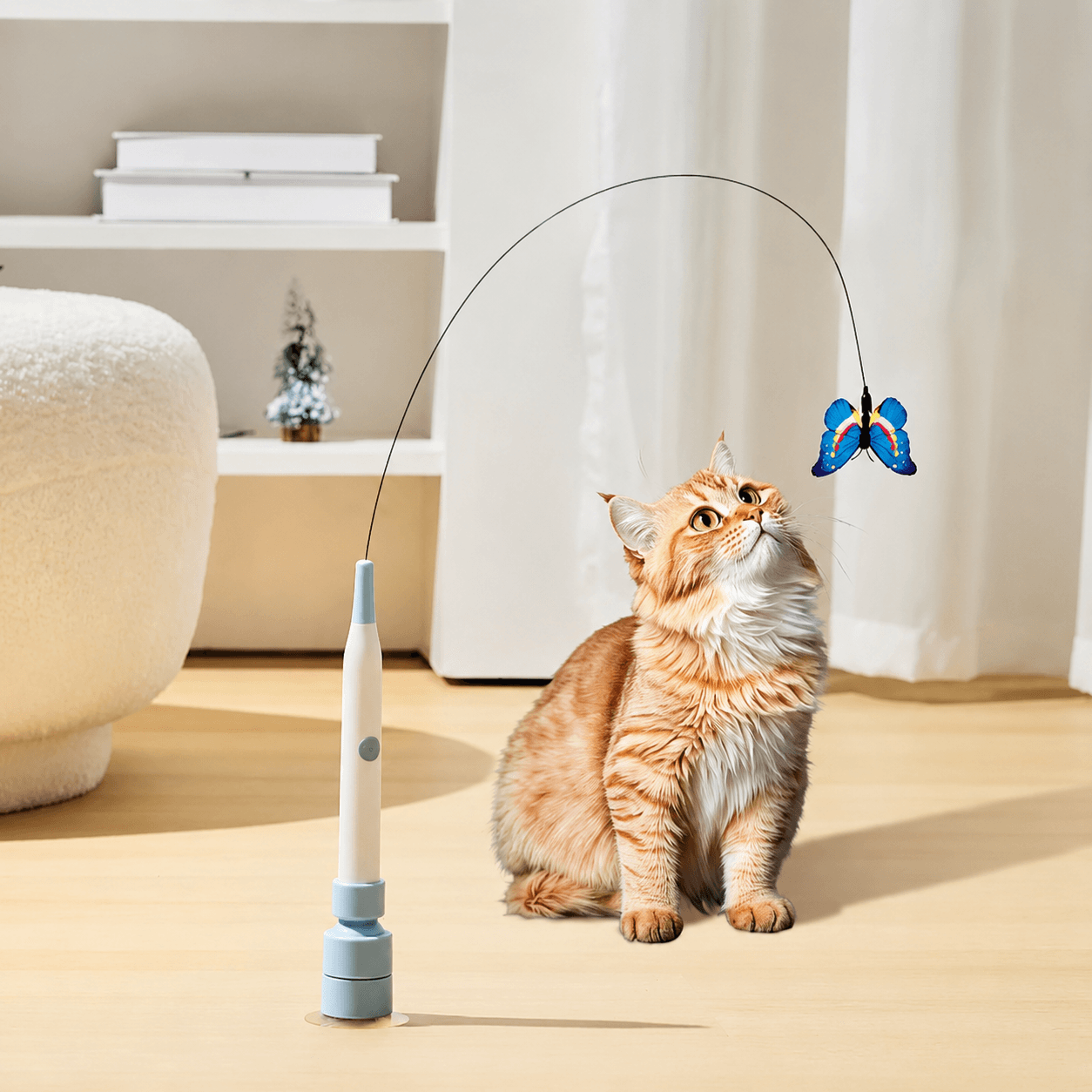 booteely electric butterfly cat toy – interactive suction cup flying butterfly teaser with long rod steel wire for self-