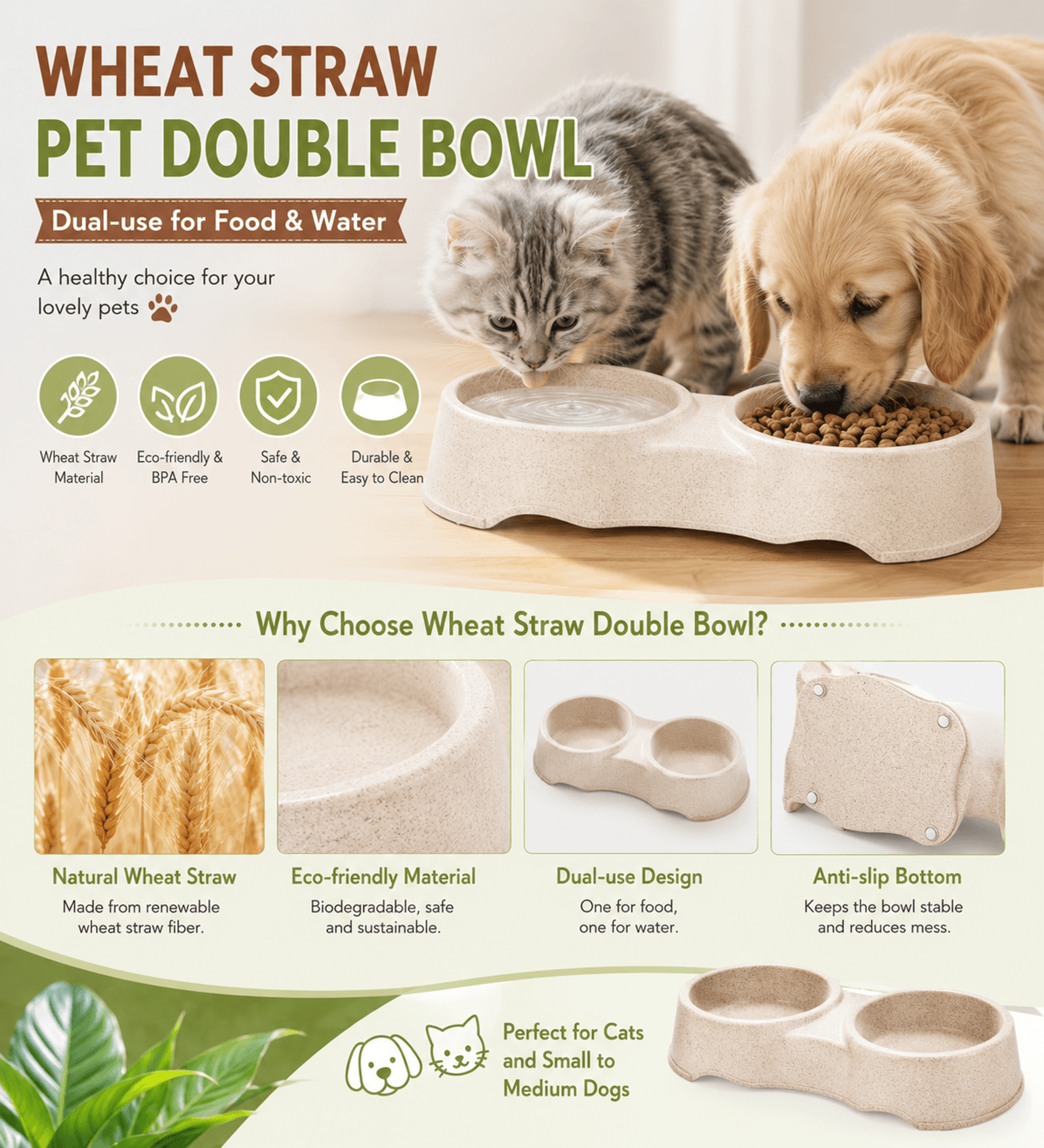 wheat straw pet double feeding bowl – dual food & water feeder for cats, dogs & small pets