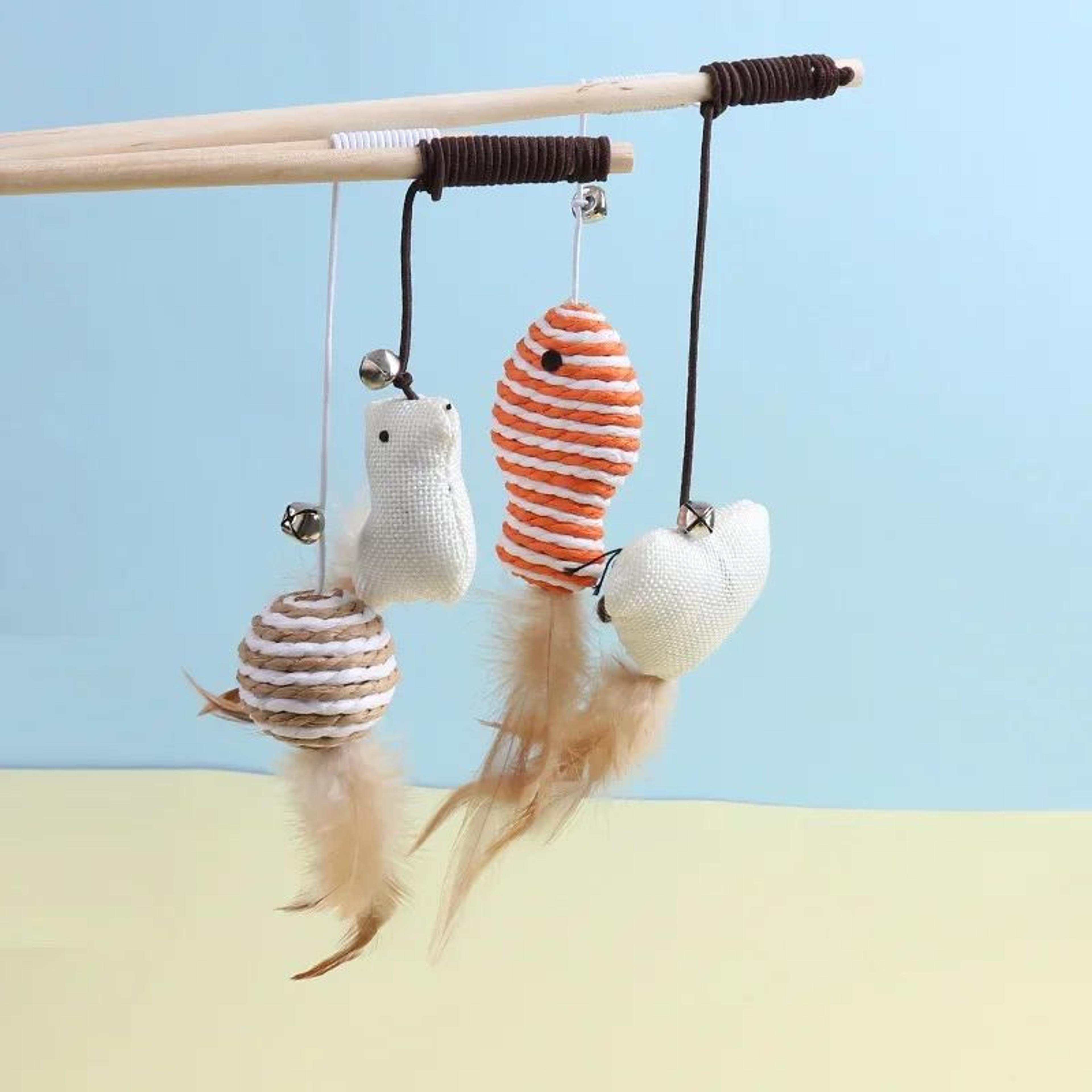 wooden mouse cat teaser wand – interactive feather bell cat toy with elastic rope