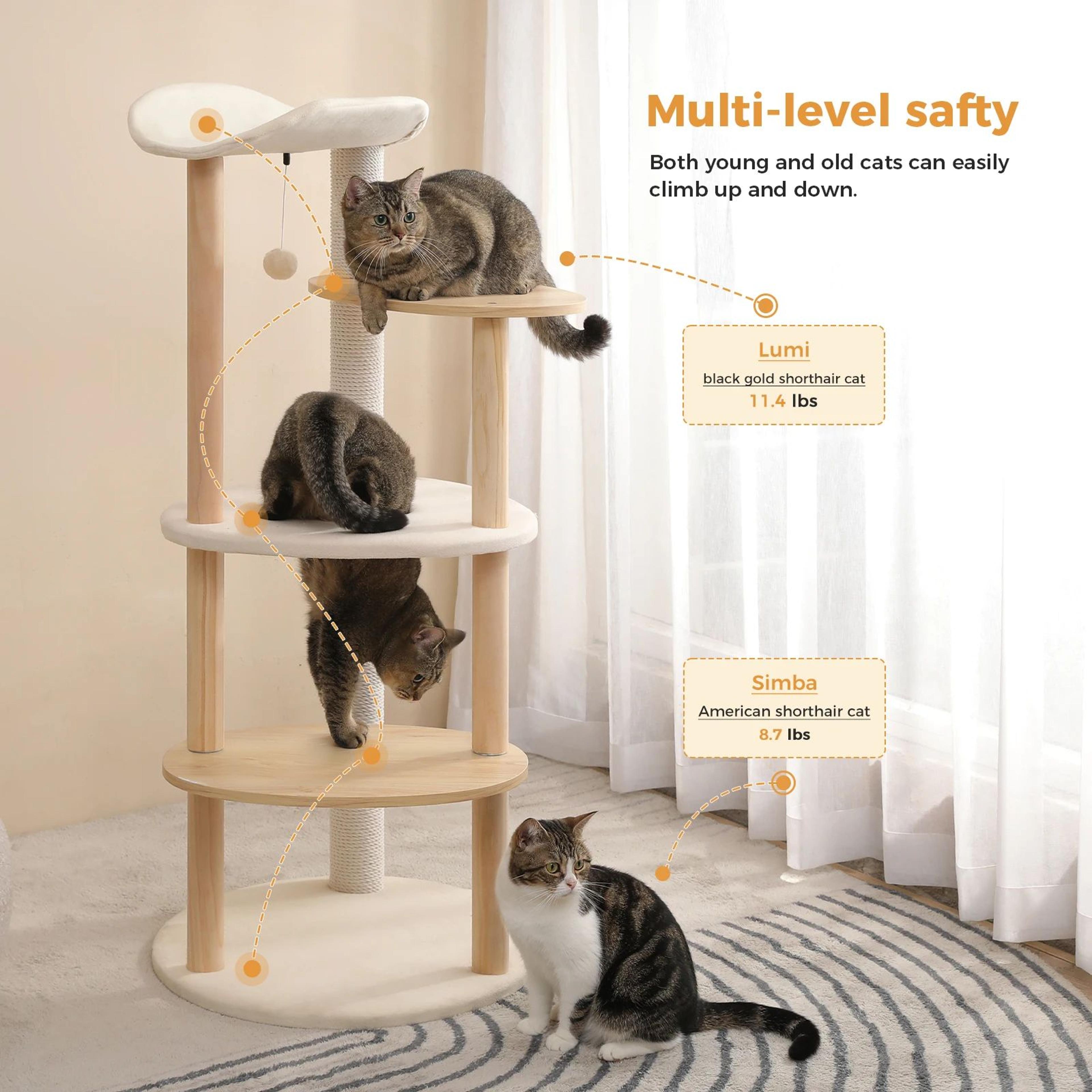 modern wooden cat tree tower – multi-level cat condo with scratching posts, jumping platforms & cozy perch