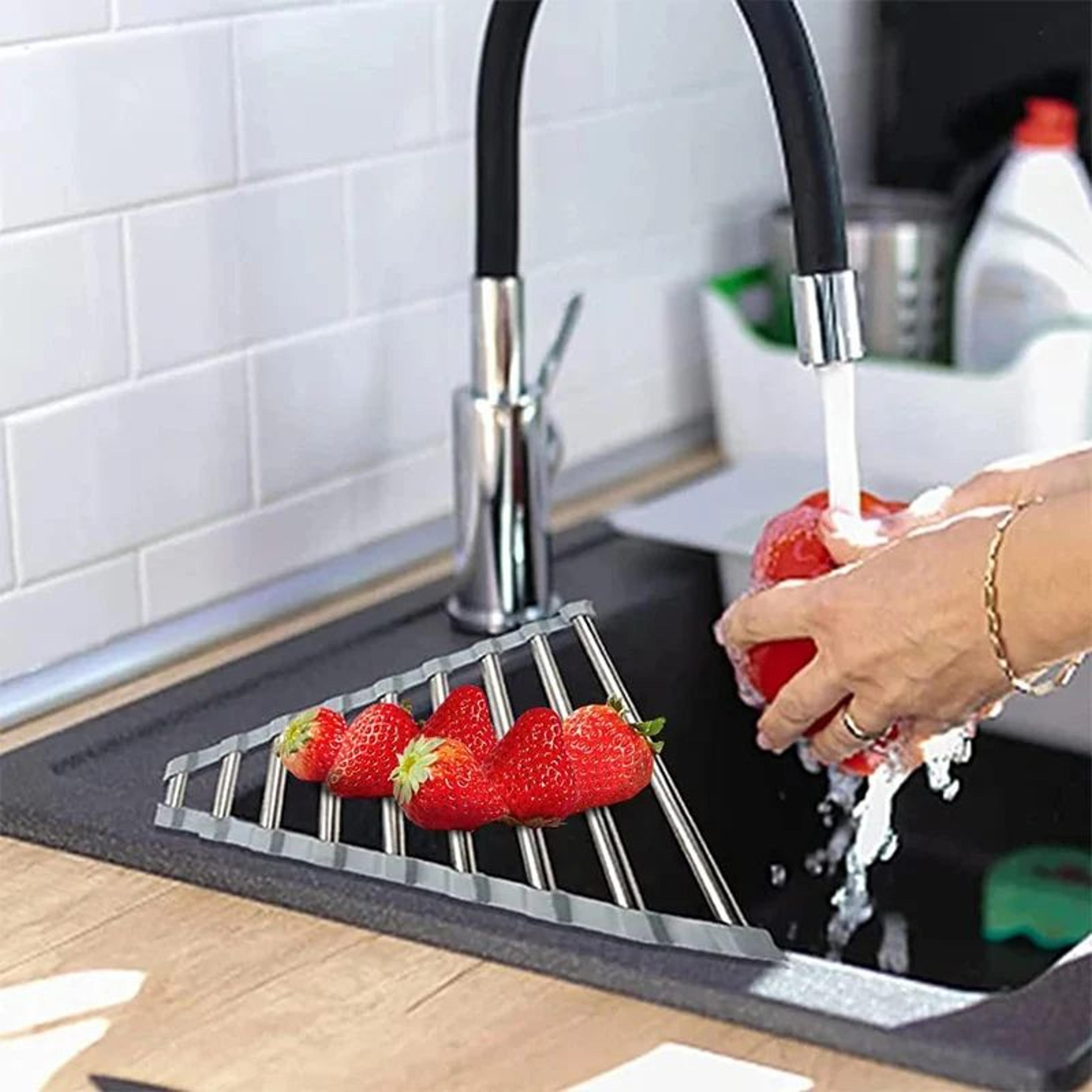 triangle roll-up dish drying rack – foldable stainless steel sink corner drainer & kitchen organizer