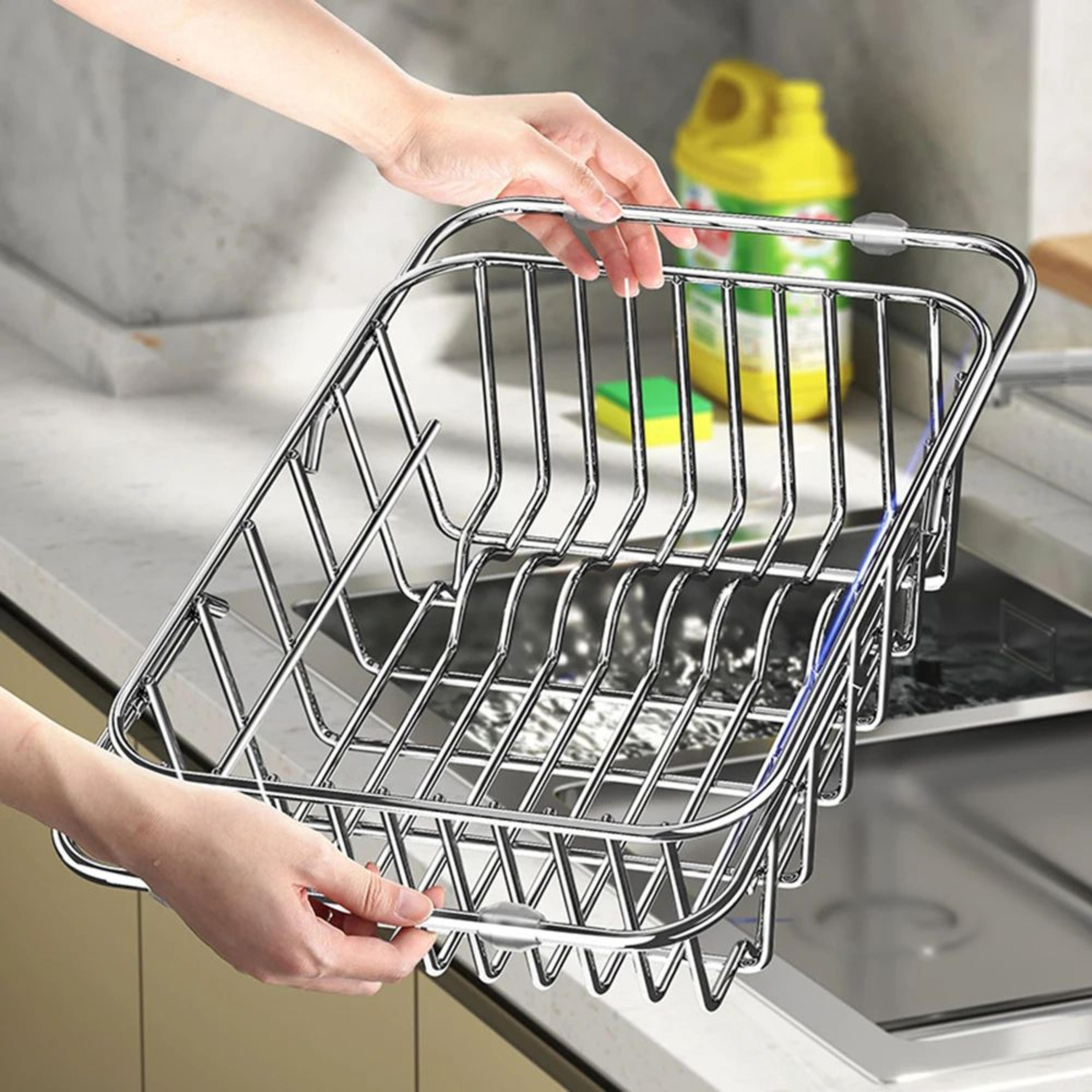 expandable stainless steel sink drain rack – telescopic over-the-sink dish drying & kitchen organizer basket