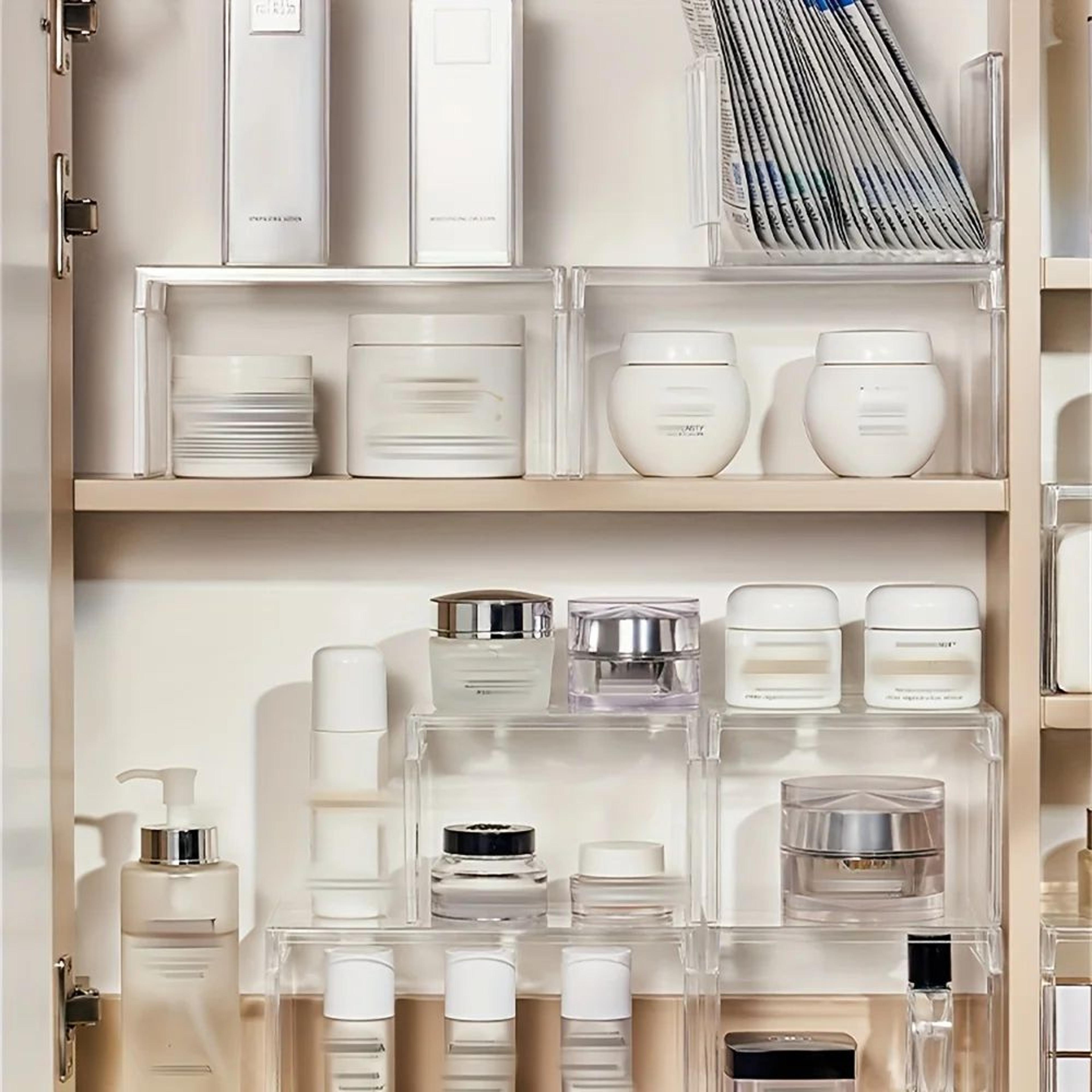 clear multi-purpose storage shelf – stackable plastic organizer for kitchen, refrigerator, cosmetics & collectibles