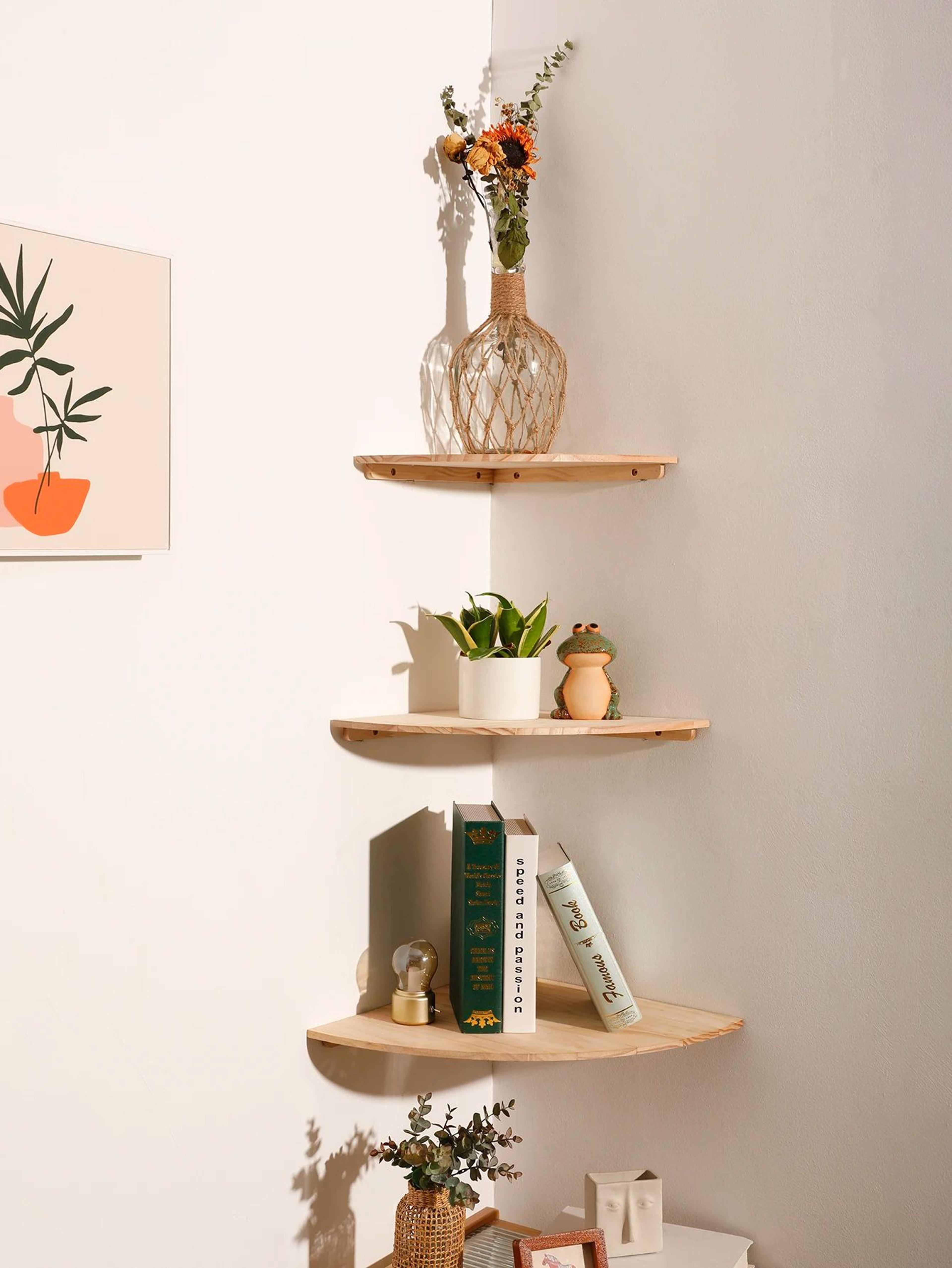 scalloped corner floating wall shelf – wooden wall-mounted storage & display ledge for home decor