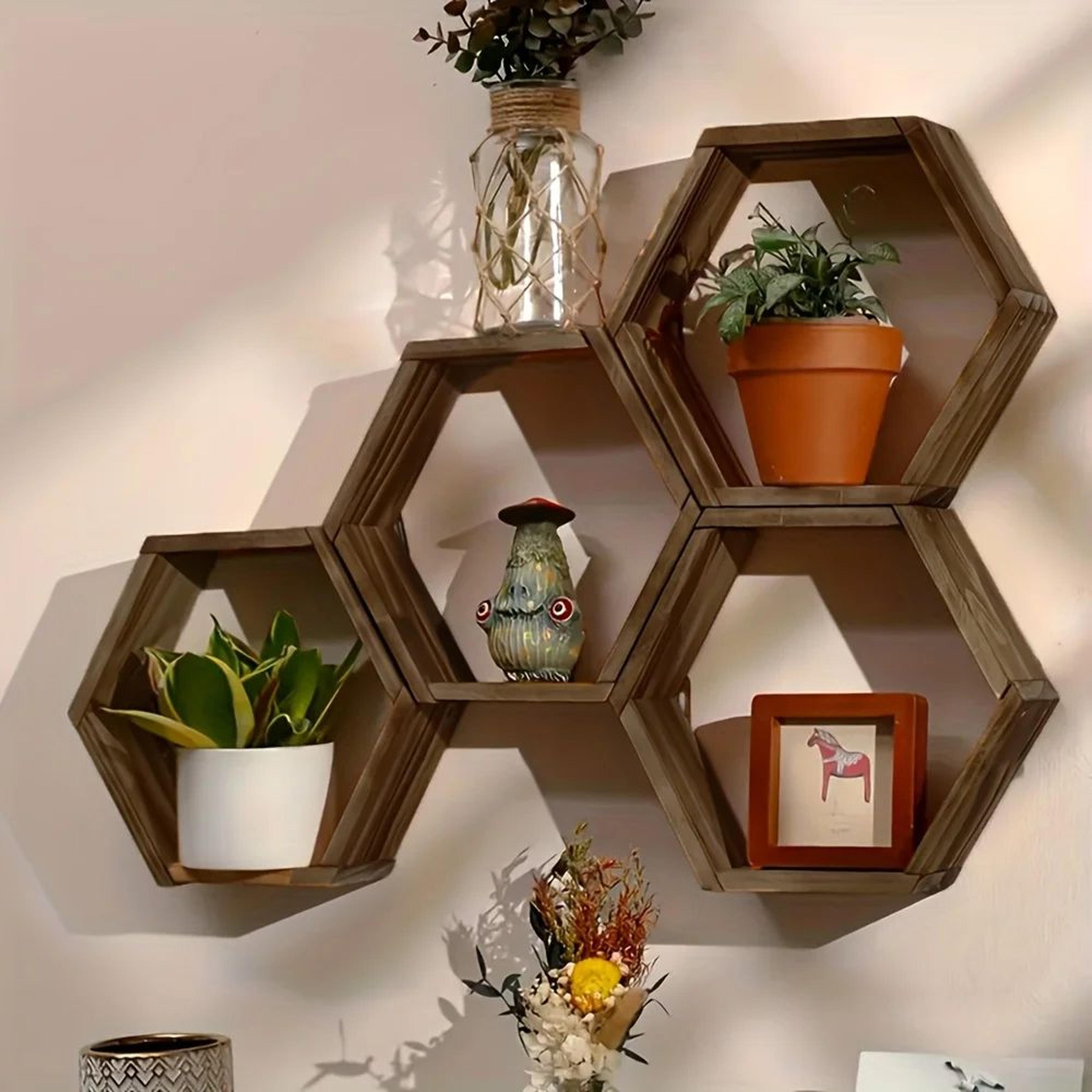 hexagon floating wall shelf – wooden geometric storage rack for bathroom, bedroom & living room decor