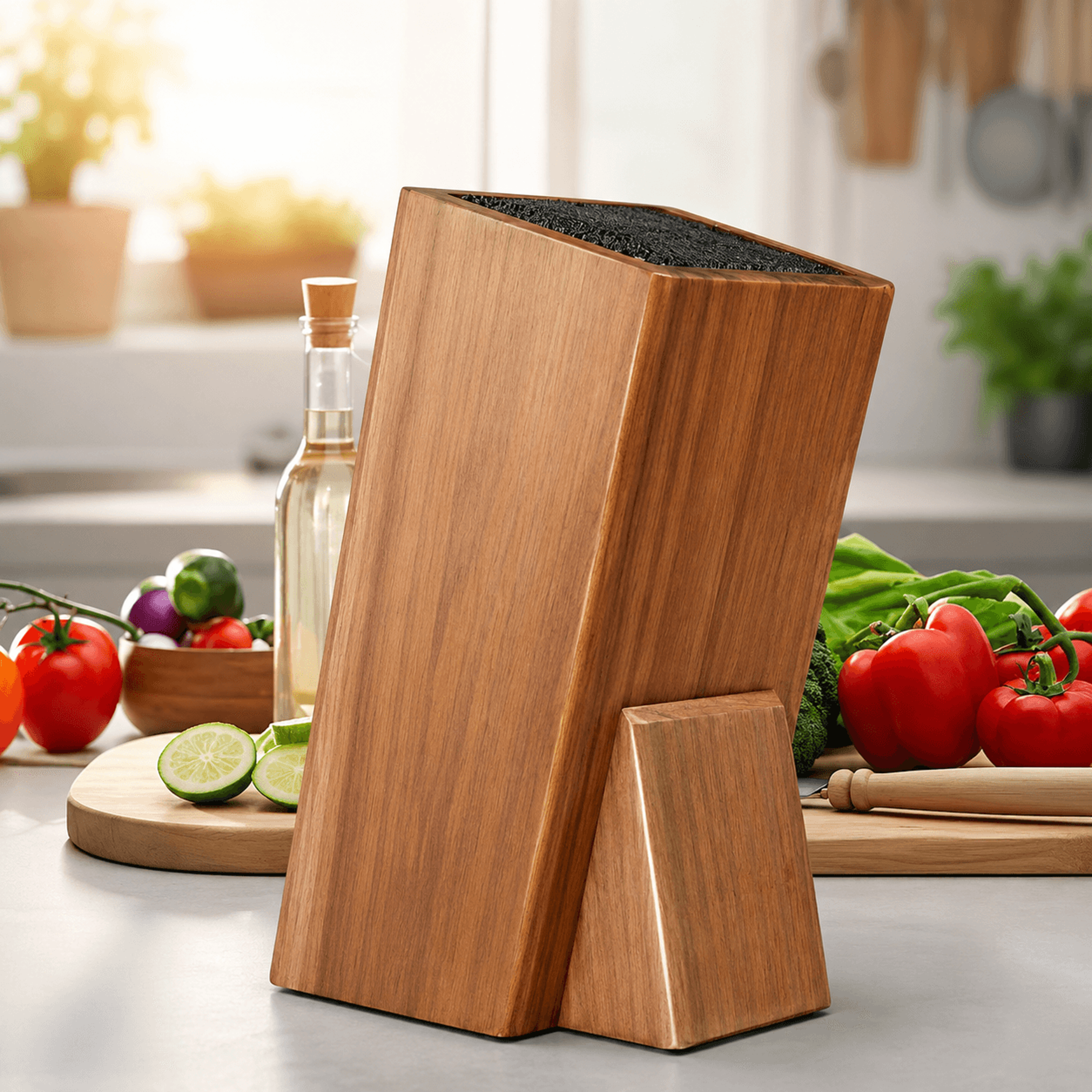 acacia wood universal knife block – solid wood kitchen knife holder with removable bristle insert