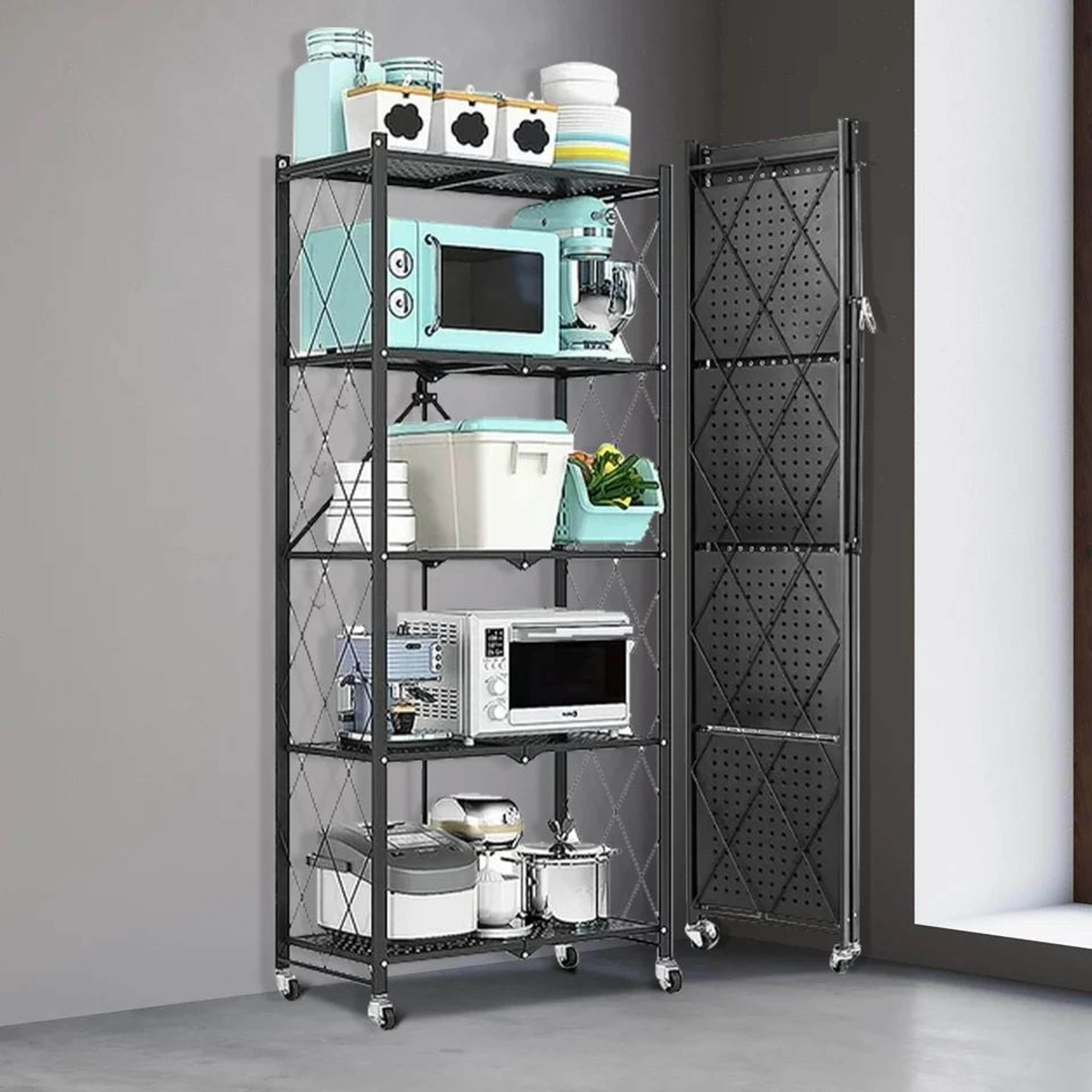 5-tier foldable metal storage shelving rack with wheels – heavy duty rolling organizer for kitchen, pantry, office & hom