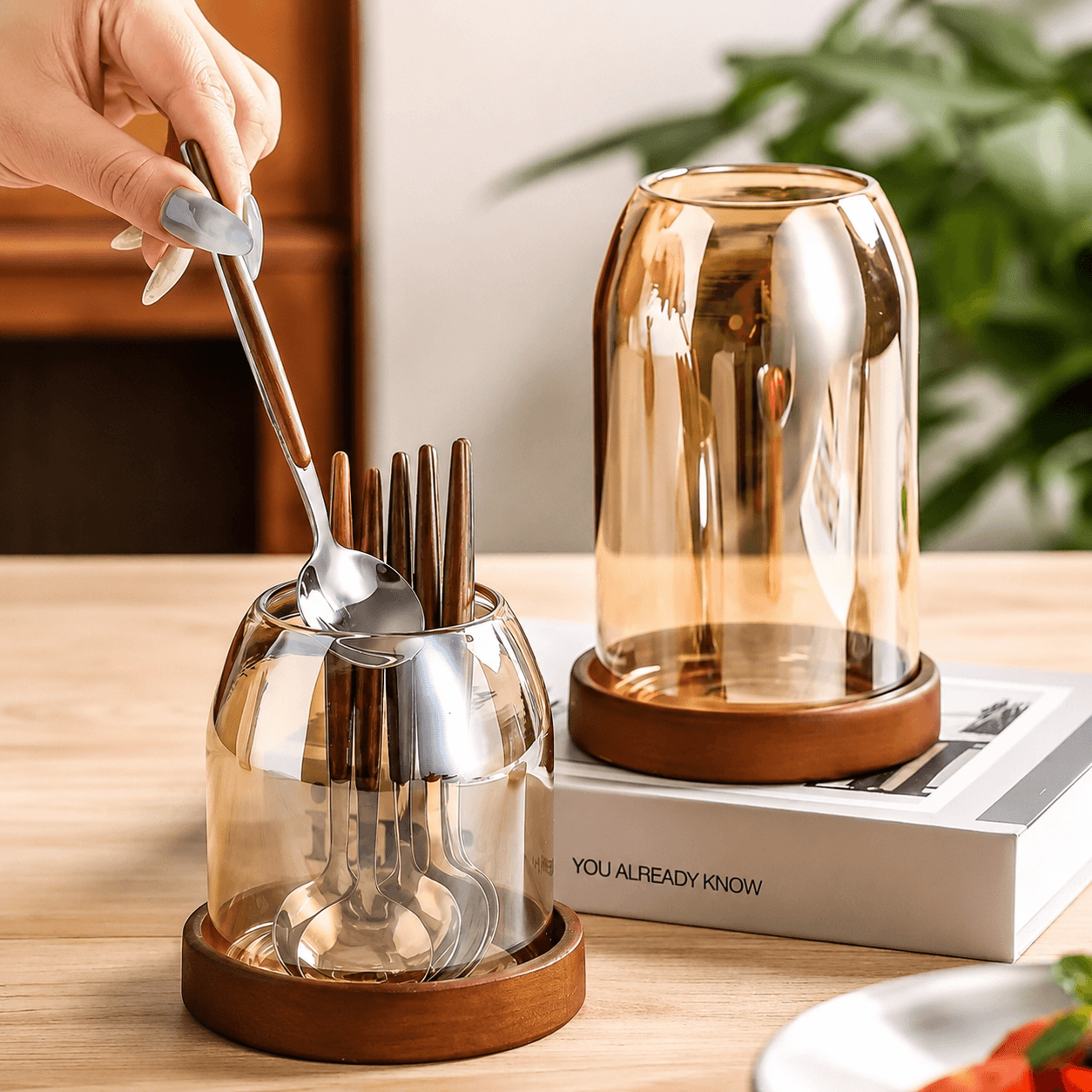 glass tableware storage jar with tray – chopsticks, knife, fork & utensil holder organizer for kitchen counter
