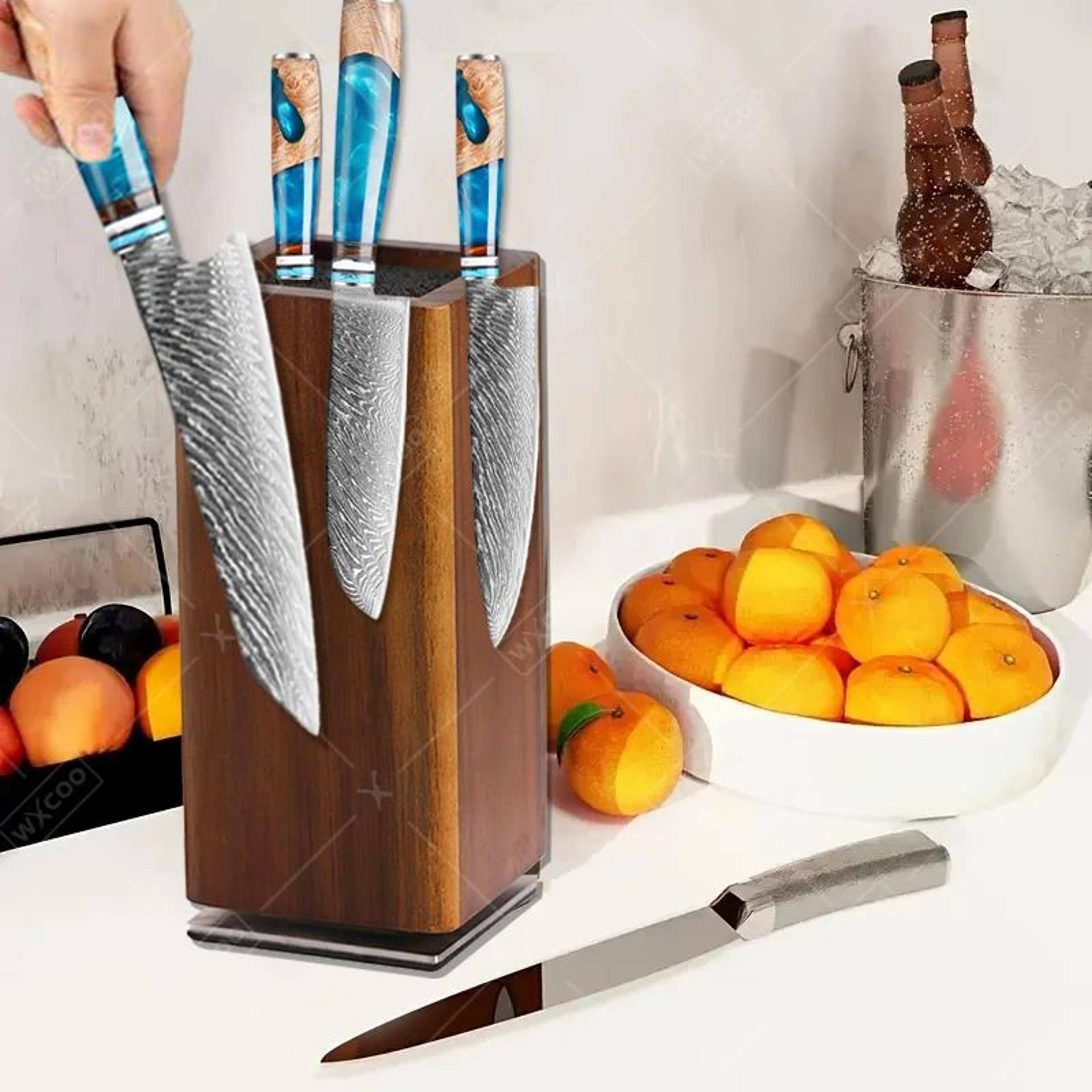 360° rotating magnetic knife holder – acacia wood knife block stand with 4-sided magnetic storage for 12–14 knives