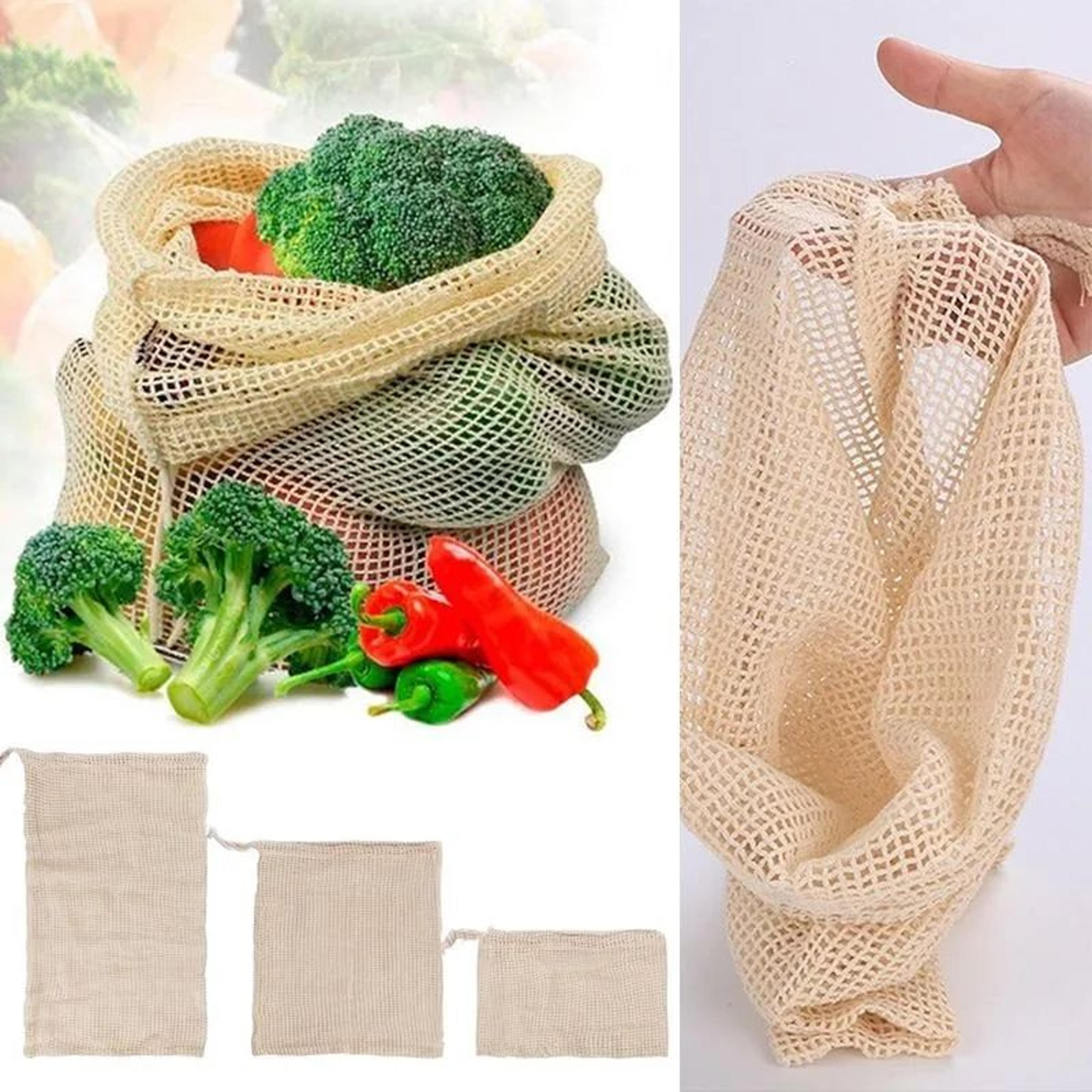 3 pcs reusable cotton mesh produce bags – drawstring fruit & vegetable storage bags for grocery shopping & kitchen